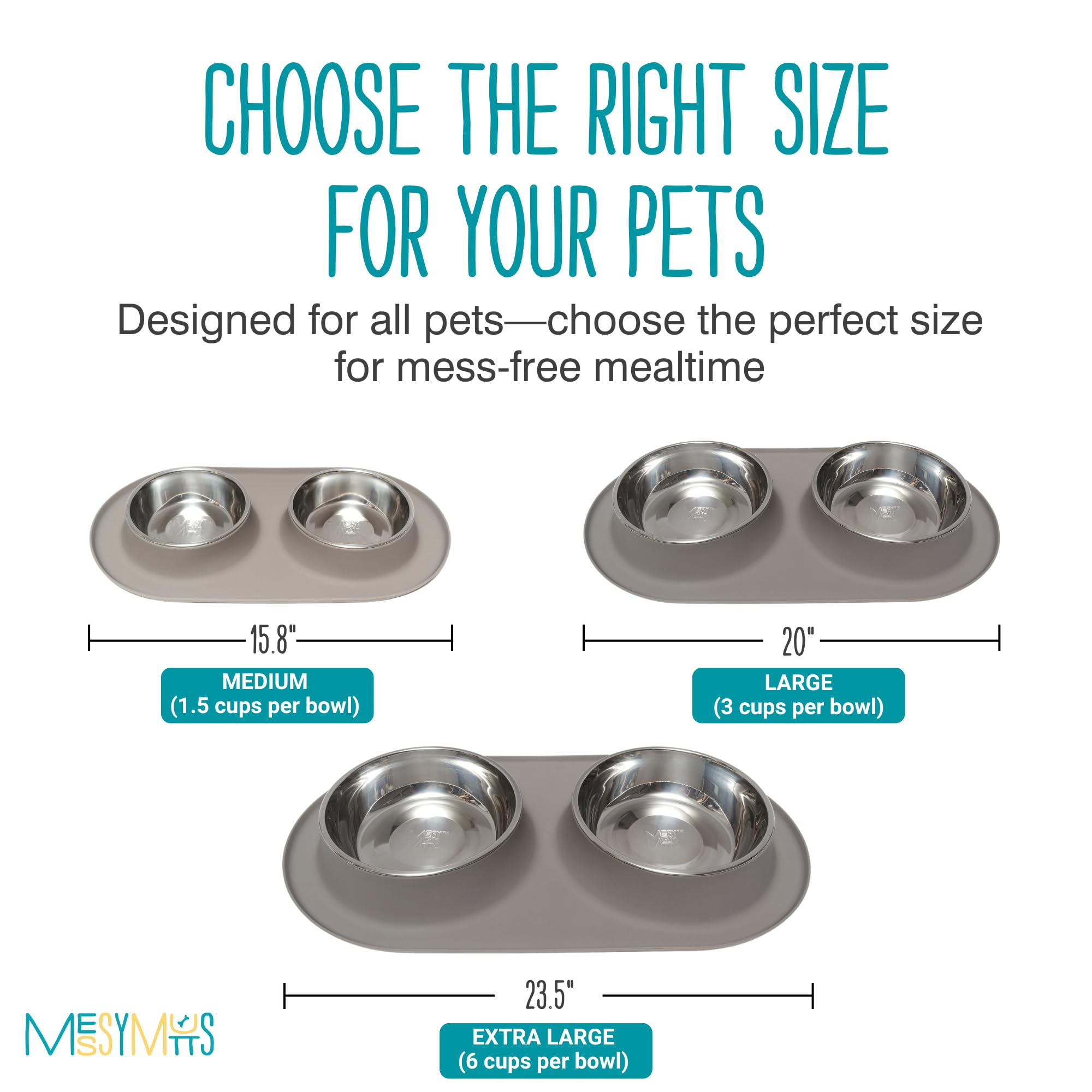 Messy Mutts Double Silicone Feeder with Stainless Steel Bowls - Non-Slip Pet Food Dish for Dogs & Cats - Large 3-Cup Capacity - Grey - Perfect for Mealtime & Travel Use