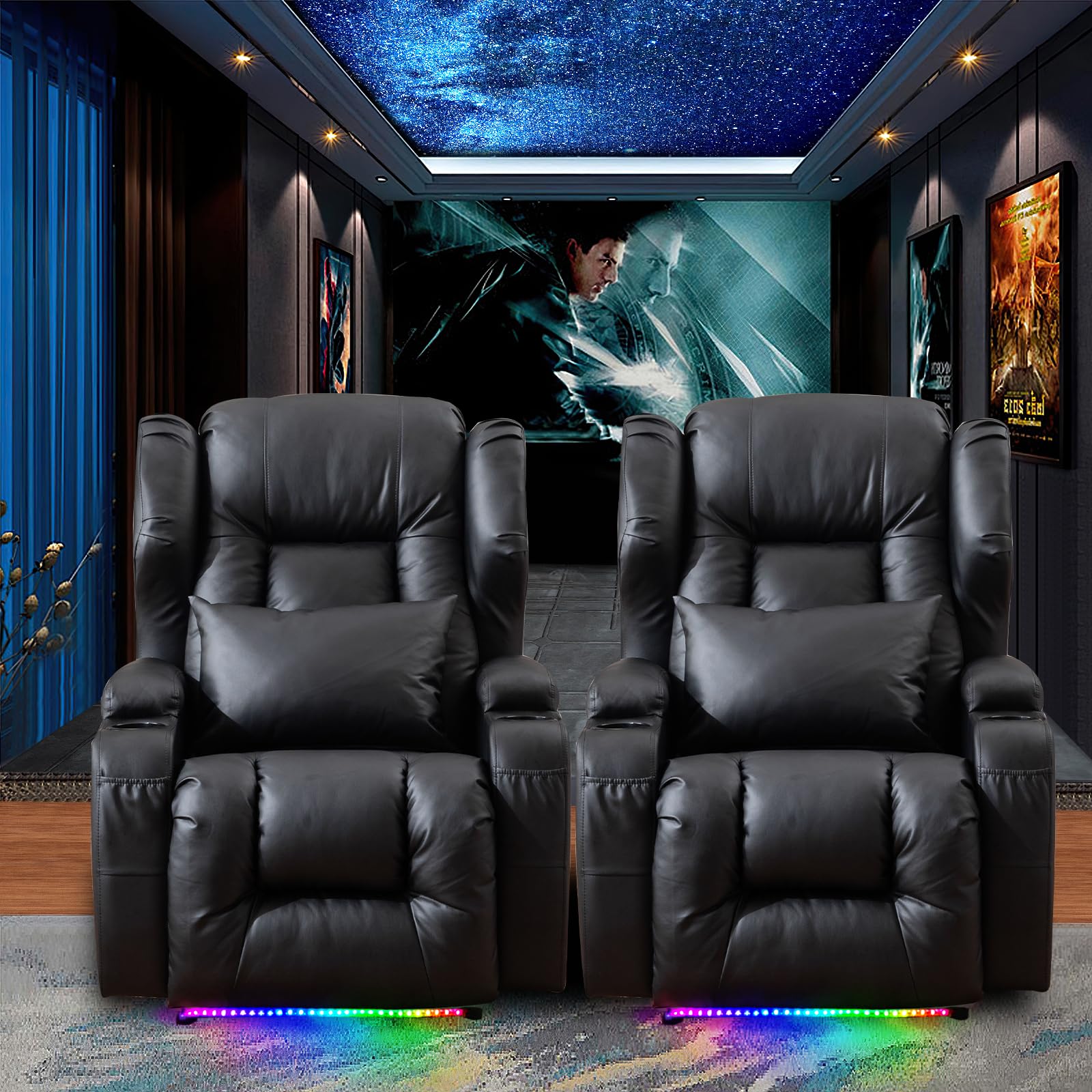 2PC Power Recliner Chair Set with Massage & Heat - Modern Home Theater Seating with LED Lights & USB Charging | Reclining Sofa Chairs for Living Room, Game Room & Movie Theater | Includes Cup Holders & Adjustable Positions for Ultimate Comfort