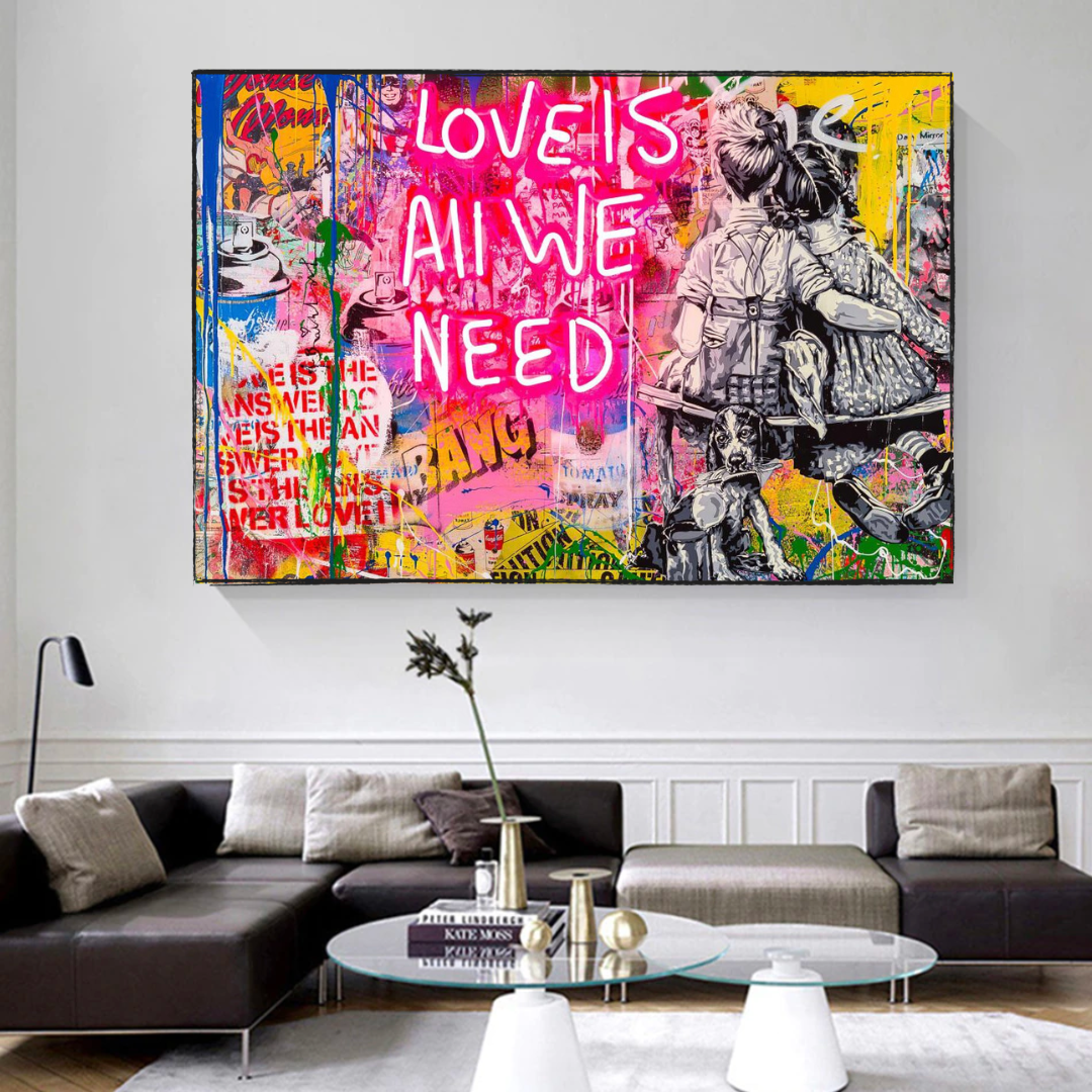 Banksy Love is All We Need Canvas Wall Art Print - Street Art Home Decor for Living Room, Bedroom & Office