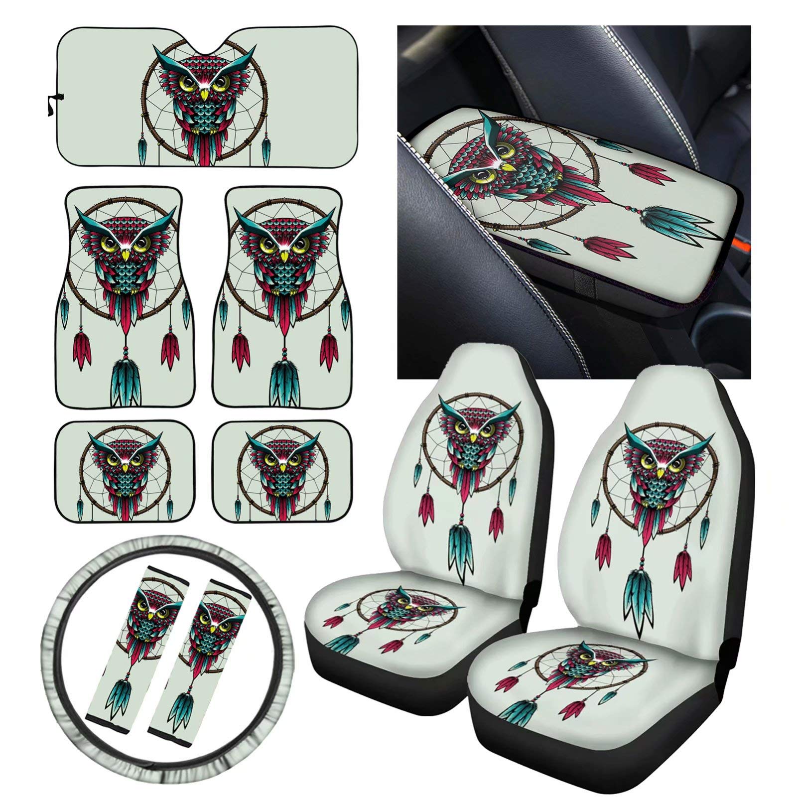 Pensura Tribal Owl Car Seat Cover Full Set for Women - Universal Fit SUV Floor Mats, Steering Wheel Cover, Armrest Cover, Seat Belt Pads & Sunshade - Premium Car Interior Accessories for Road Trips, Commuting & Vehicle Protection - Perfect for Daily Driving, Family Travel & Office Commute