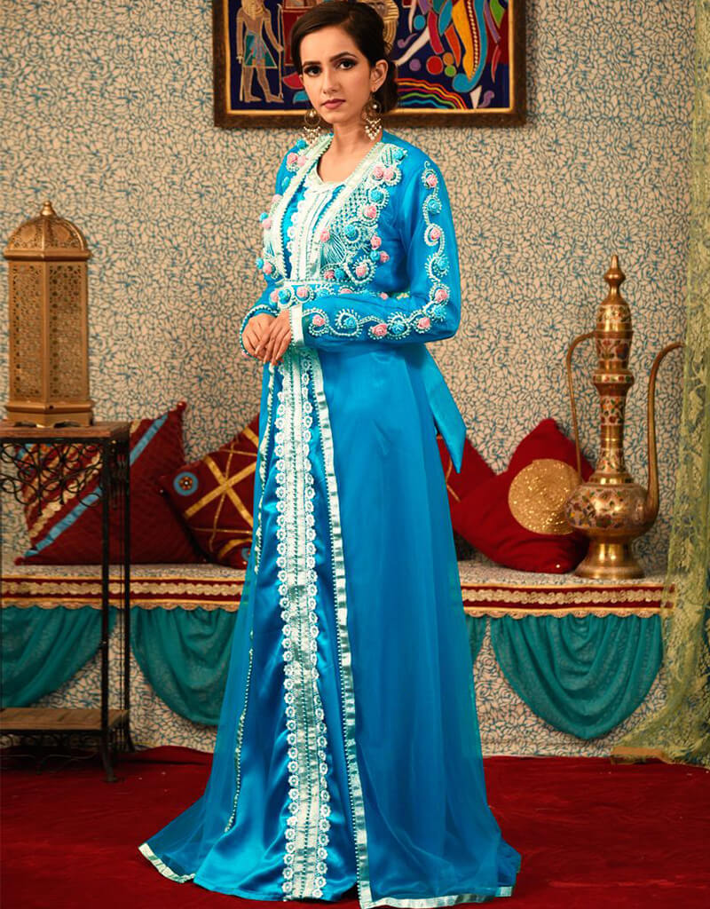 Exquisite Arabic Firozi Blue Silk Georgette Fabric with Handcrafted Silver Embroidery - Moroccan Style Elegance for Home Decor, Fashion & Special Occasions