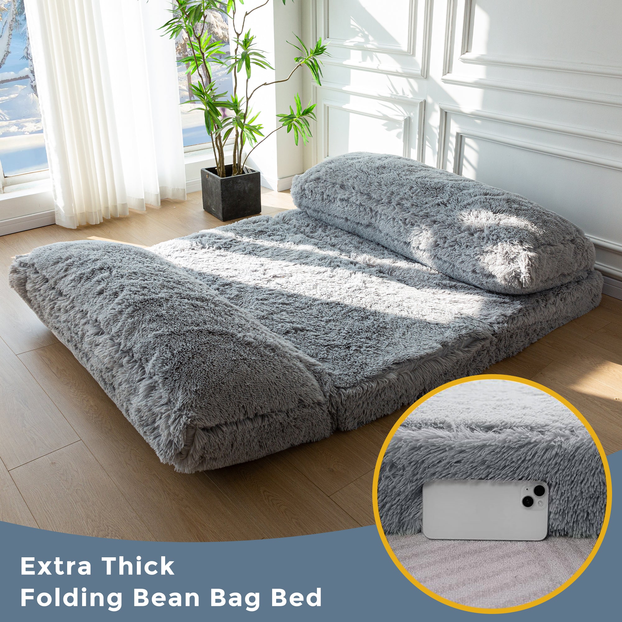MAXYOYO Folding Floor Sofa Bed - Grey Faux Fur Bean Bag Chair with Foam Filling, Convertible Sleeper for Living Room, Bedroom & Dorm | Comfortable Lounge Seating for Relaxing, Reading & Napping