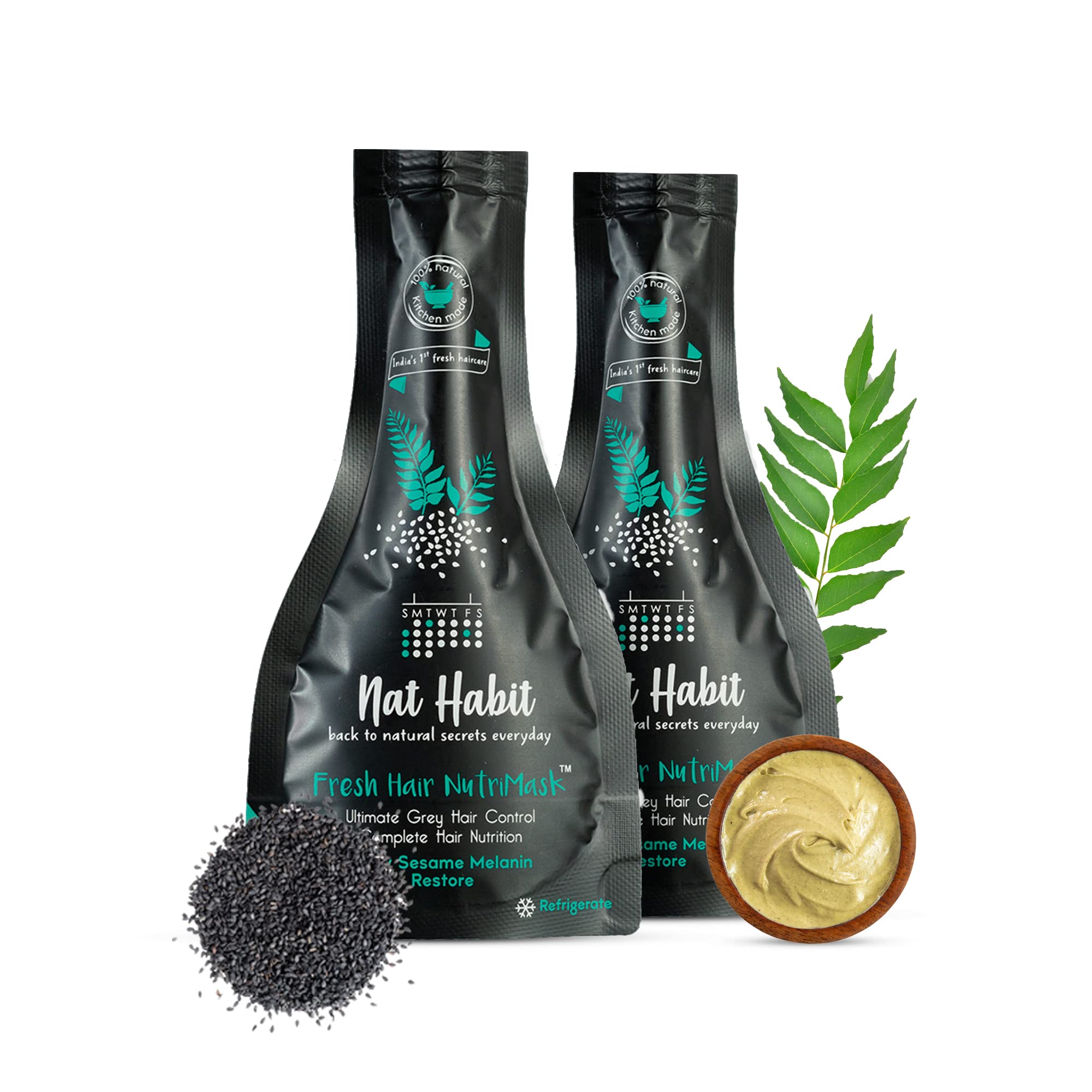 **Nat Habit Curry Sesame NutriMask - Natural Hair Mask for Grey Hair, Deep Conditioning, Smoothing, Strengthening & Shine - For All Hair & Scalp Types (2 x 40g) | Revitalize Dry, Damaged Hair at Home**