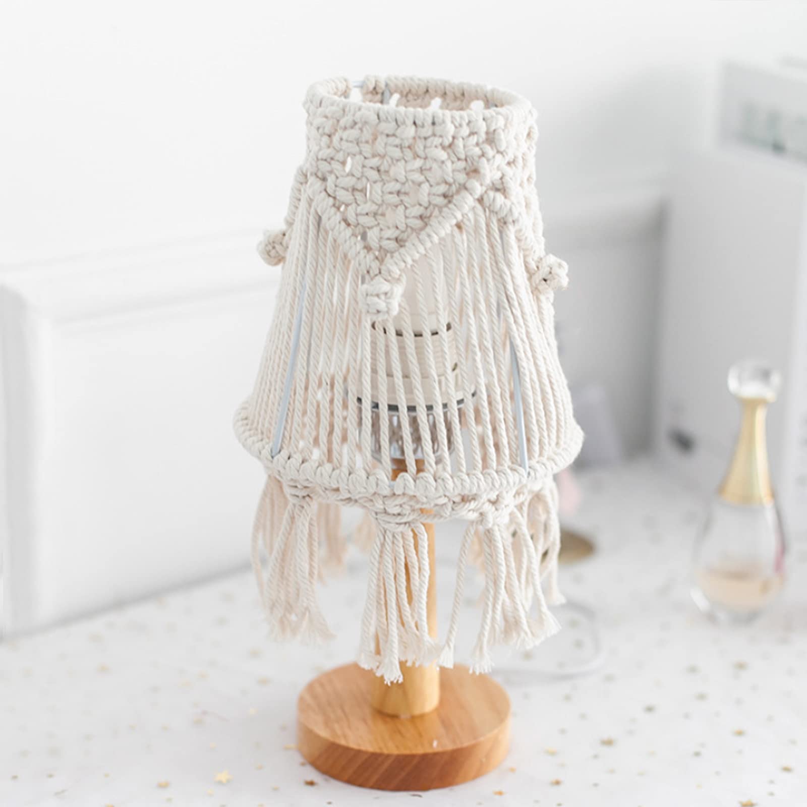 Atroy Bohemian Woven Table Lamp - Handmade Boho Cotton Rope Macrame Desk Lamp with Natural Wood Base - Decorative Lighting for Bedroom, Living Room, Hotel & Office Decor