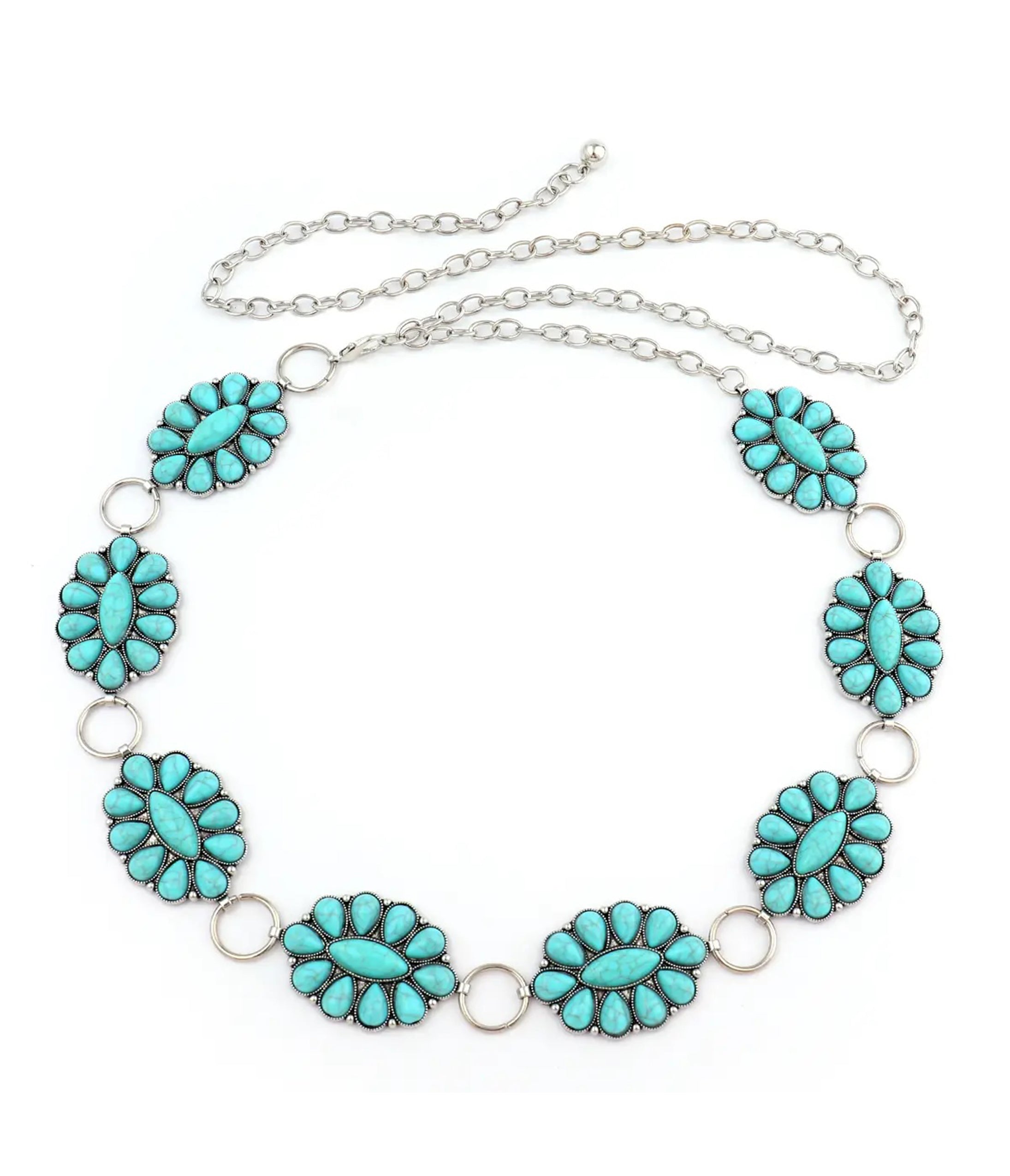 Vintage Silver & Turquoise Medallion Chain Belt – Handmade Southwest Jewelry for Women | Perfect for Boho Fashion, Music Festivals & Western Style Outfits