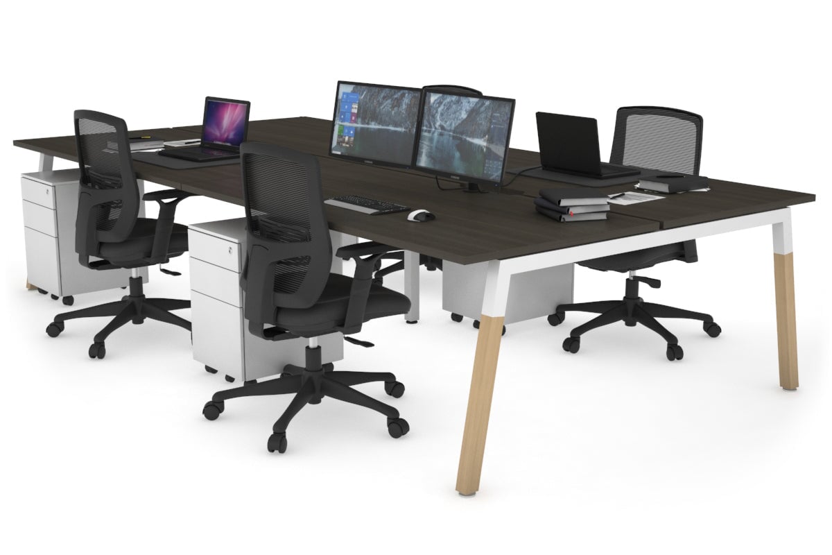 Quadro A Legs 4-Person Office Workstation with Wood Legs & Cross Beam - 1400L x 800W Dimensions, Cable Management Scallop | Perfect for Collaborative Workspaces & Modern Offices
