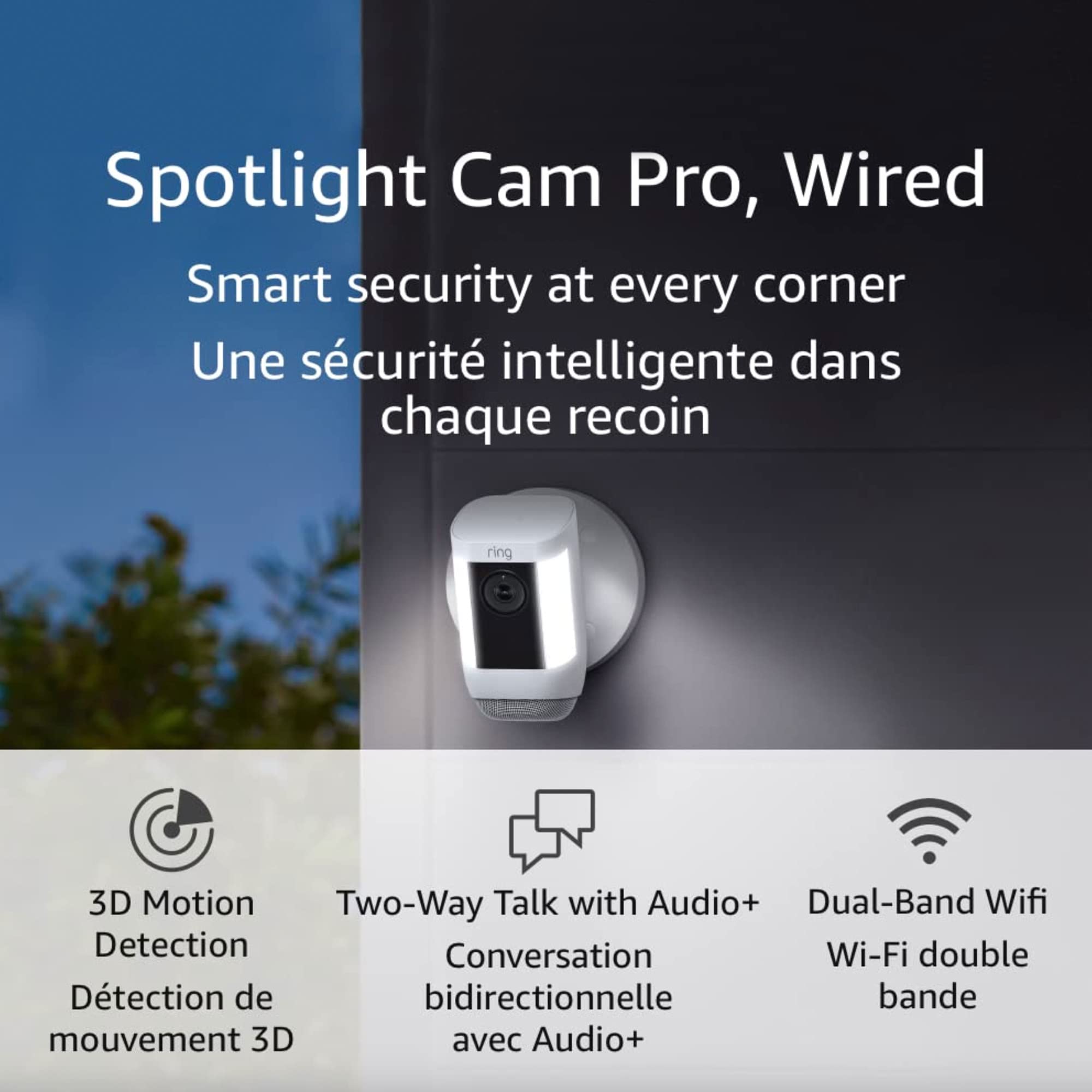 Ring Spotlight Cam Pro Wired Security Camera - 3D Motion Detection, Two-Way Audio+, Dual-Band WiFi (2022 Model, White) | Outdoor Home Security, Night Vision, Weatherproof for Garage & Backyard Monitoring