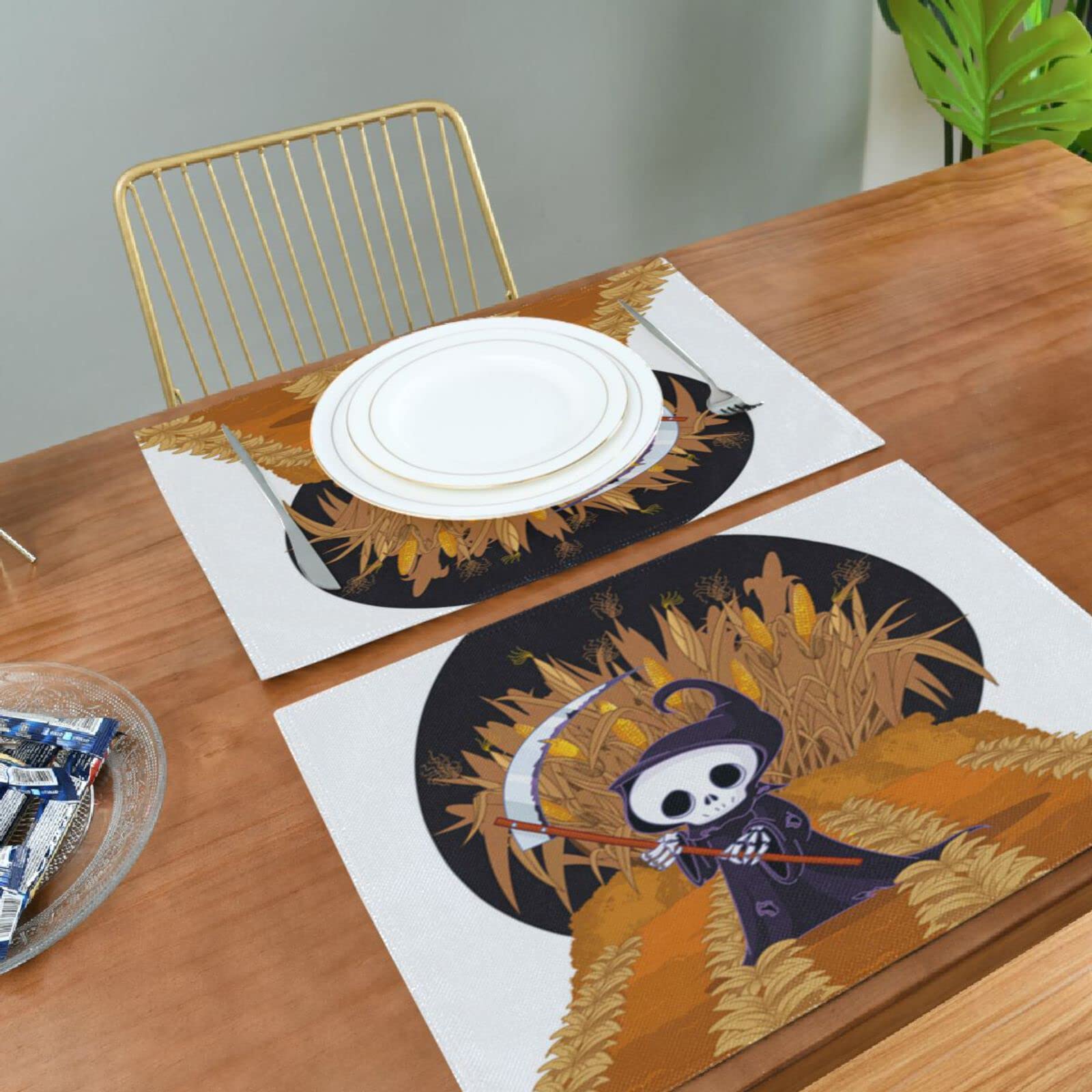 Halloween Grim Reaper Placemats Set of 4 - 12x18 Inch Washable & Heat Resistant Cloth Table Mats for Kitchen Dining - Corn Maze Themed Decor - Perfect for Spooky Dinner Parties & Halloween Home Decor