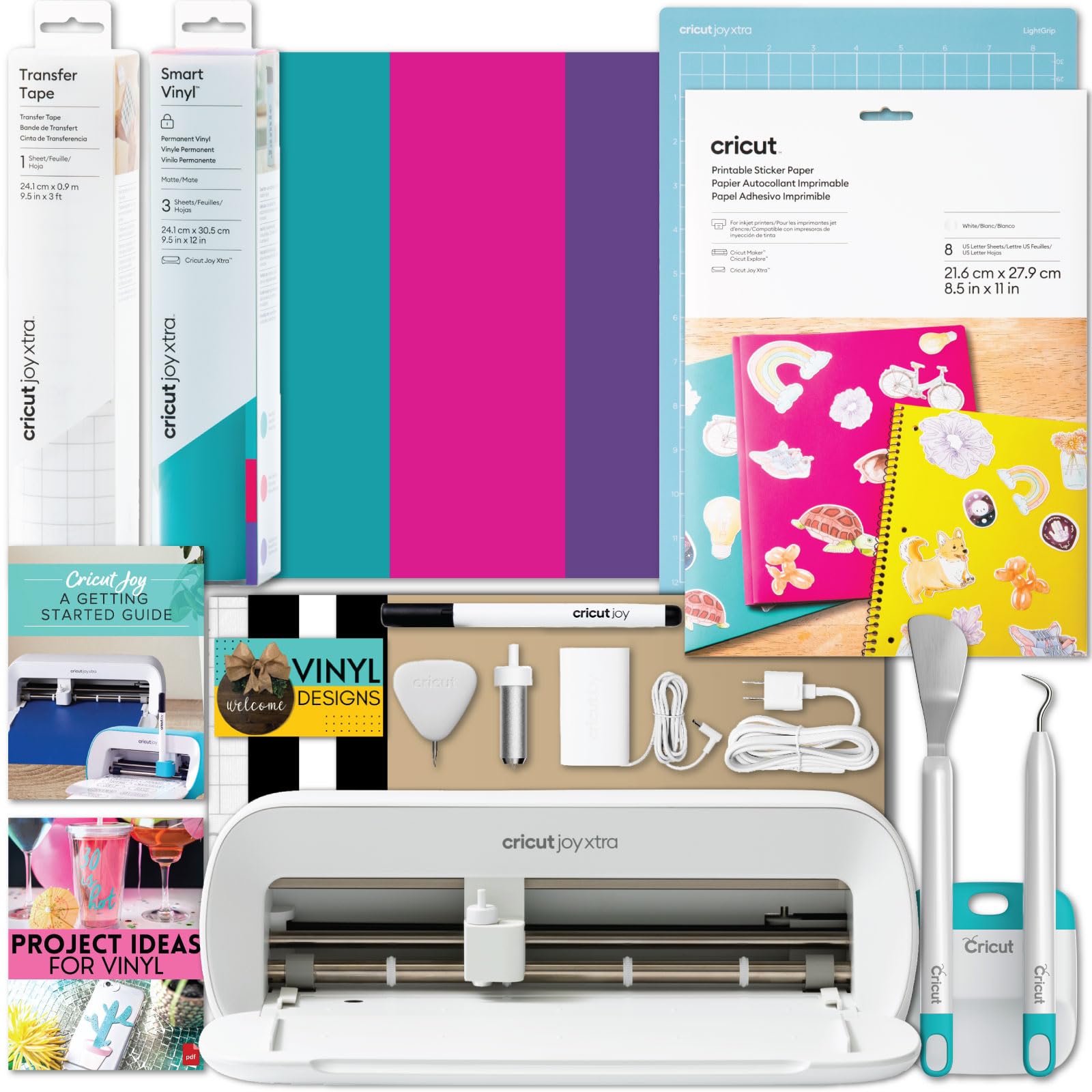 Cricut Joy Xtra Cutting Machine Bundle with Printable Sticker Paper & Vinyl Sampler - DIY Sticker & Decal Making Kit for Beginners - Create Custom Water Bottle Stickers, Laptop Decals & Home Decor - Perfect for Crafting, Scrapbooking & Personalized Gifts