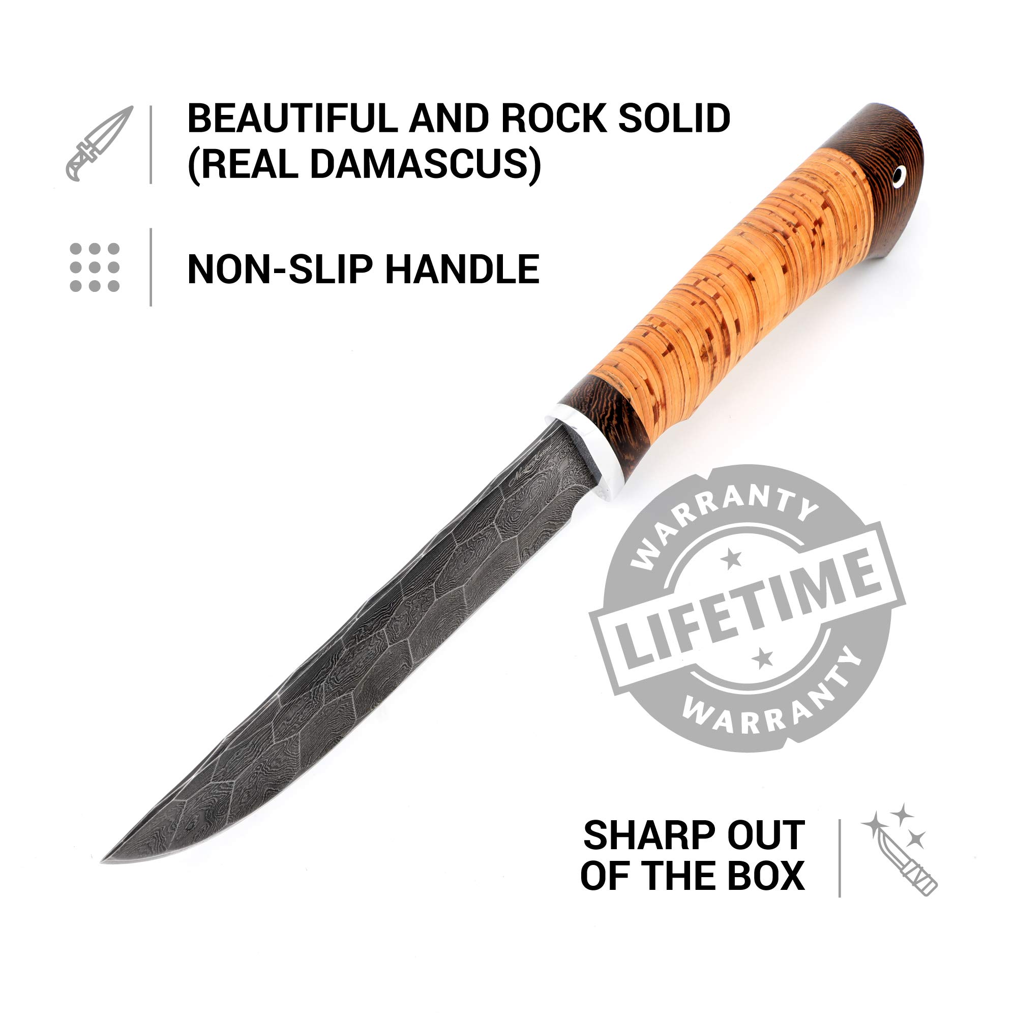 Premium Fixed Blade Hunting Knife - Sharpened OVOD Damascus Steel with Birchbark Handle & Leather Sheath - Outdoor Survival, Camping, Bushcraft Essential Gear