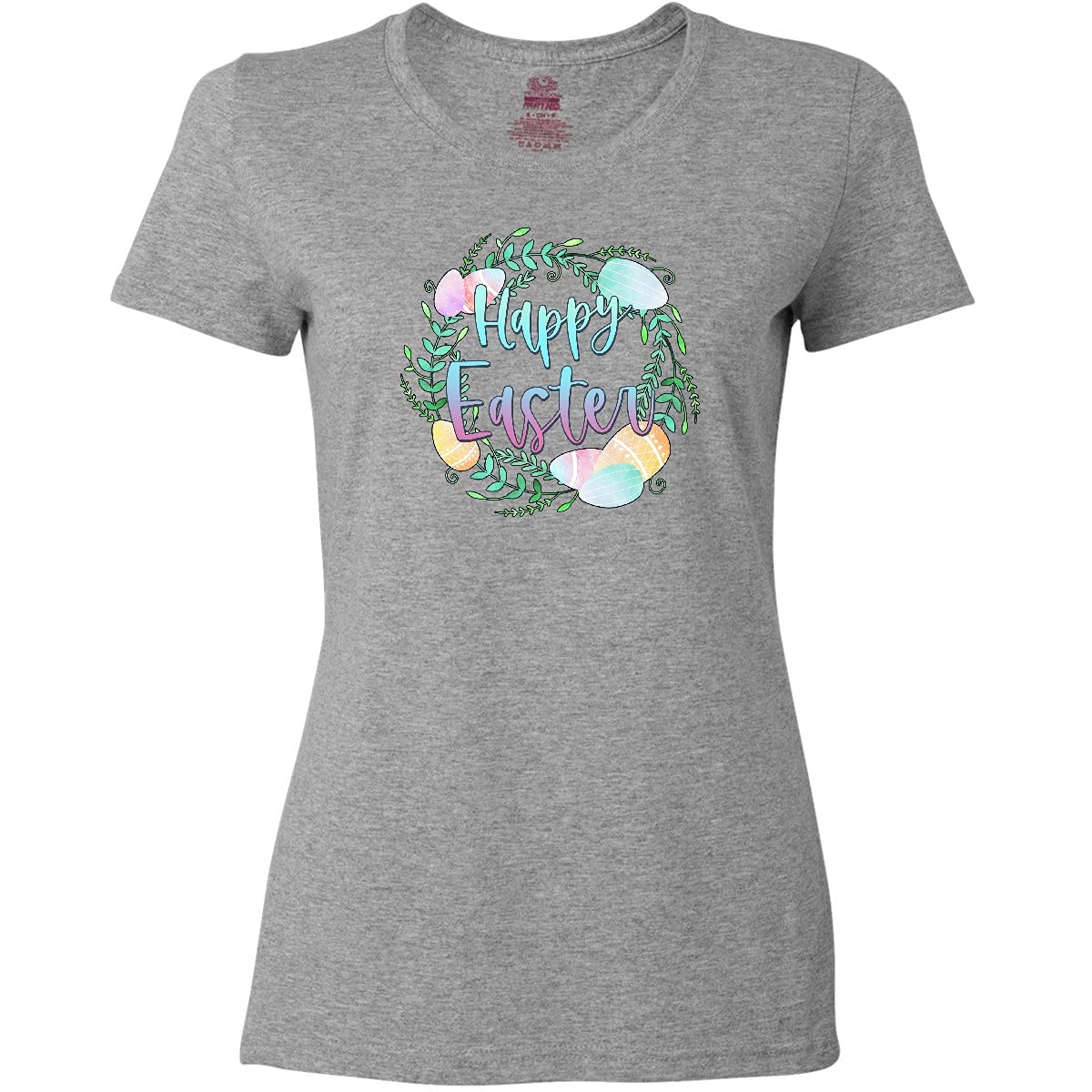 Inktastic Happy Easter Pastel Egg Wreath with Laurels Women's T-Shirt - Cute Spring Tee for Easter Celebrations, Church Events & Family Gatherings