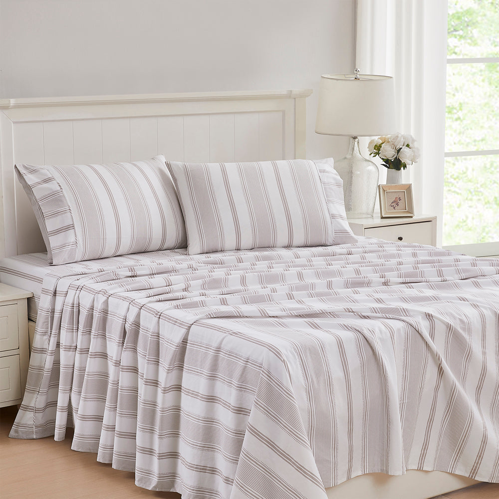 Heacham Stripe Truffle Sheet Set - Queen Size Luxury Bedding for Comfortable Sleep | Perfect for Master Bedroom, Guest Room & Airbnb