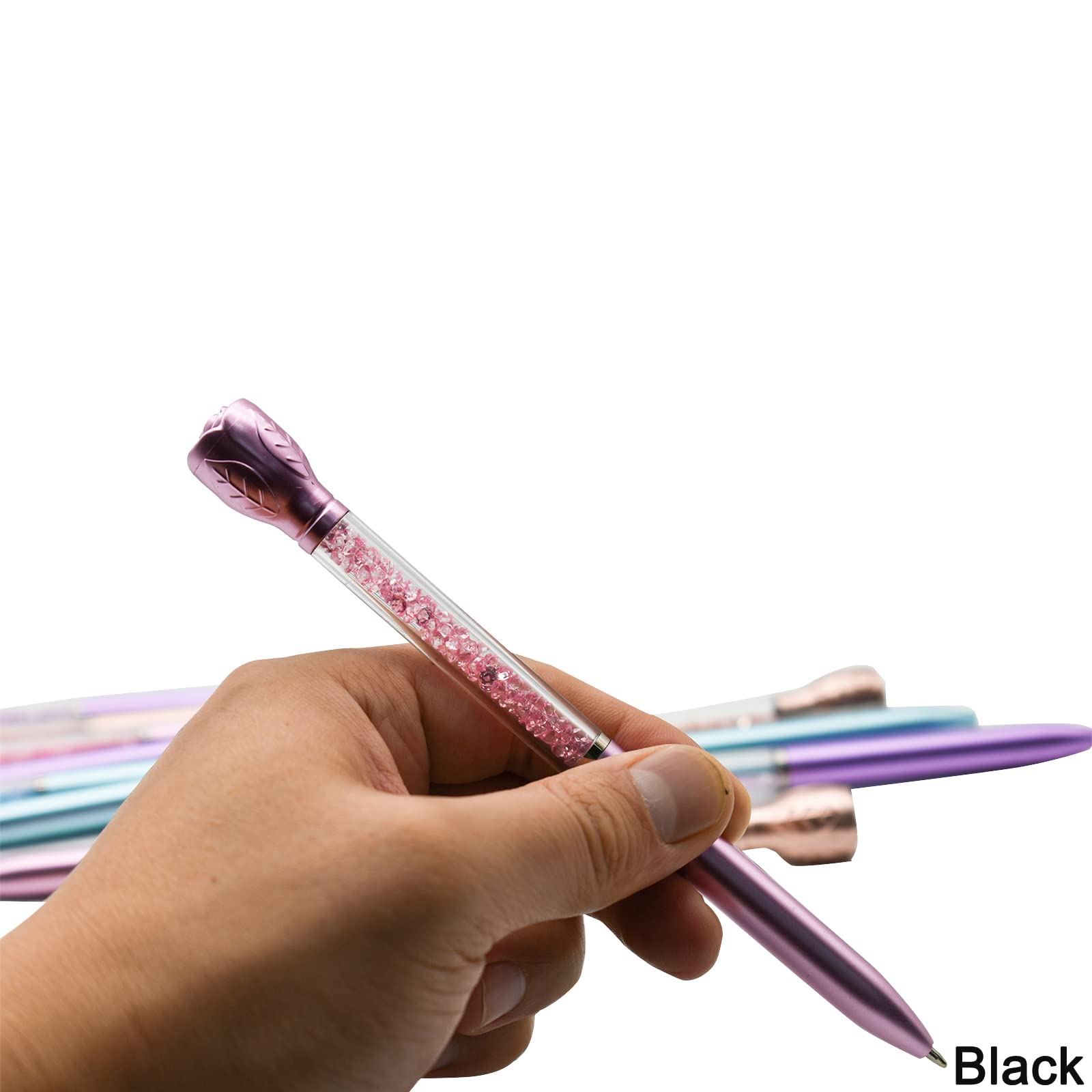 12-Pack Retractable Rose Flower Ballpoint Pens with Crystal Quicksand Design - Smooth Black Ink for School, Office, Wedding & Party Favors - Elegant Writing Gift for Women & Students