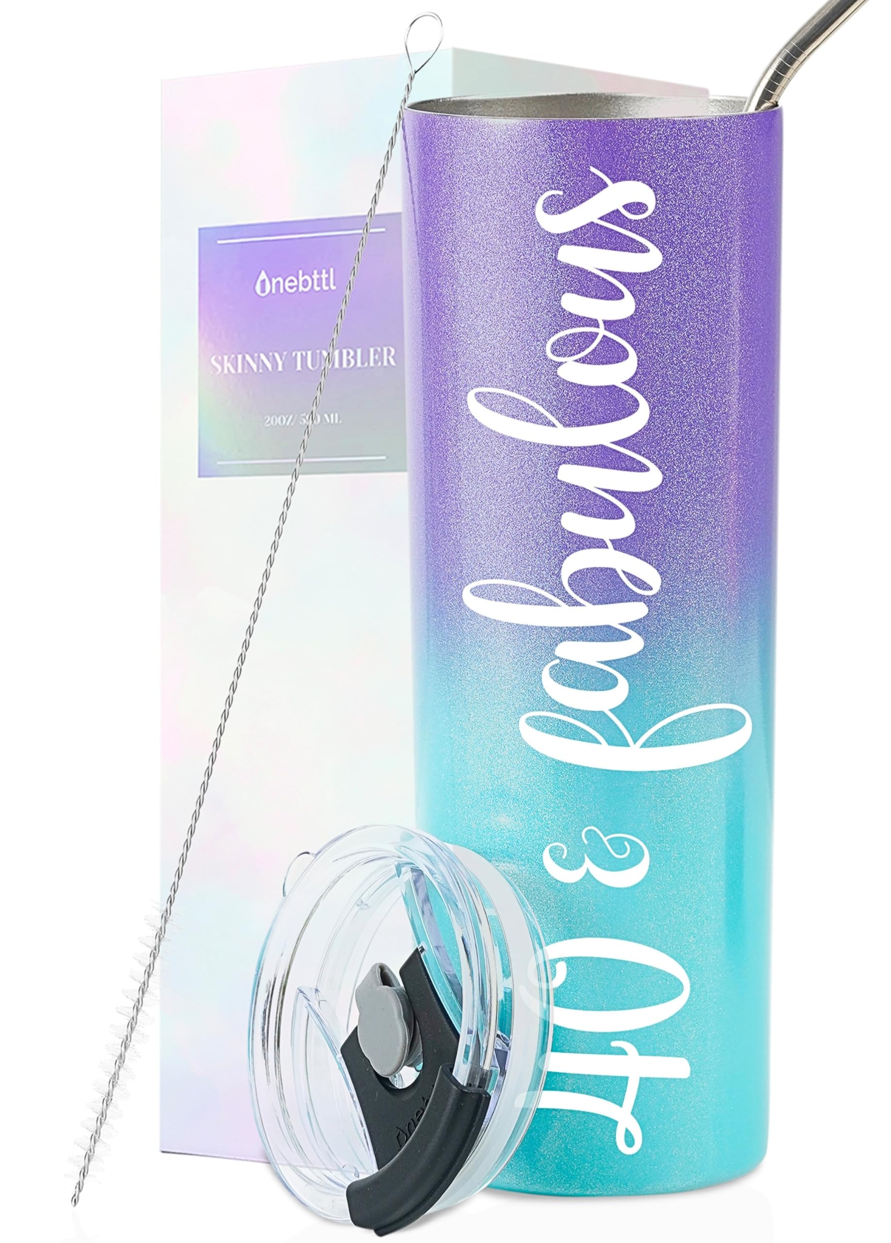 Onebttl 40th Birthday Gifts for Women - 20oz Tumbler with Straw, Unique 40 and Fabulous Present Ideas for Her in Green & Purple - Perfect for Office, Home, or Travel Use