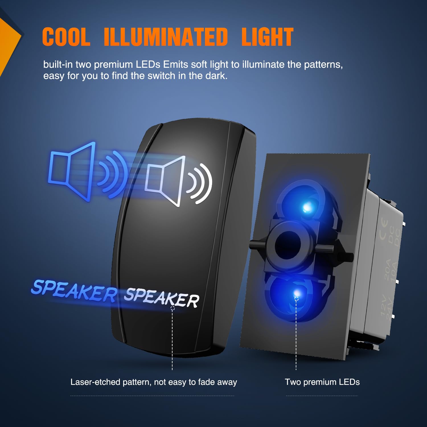 5Pin SPST Laser On/Off Rocker Switch for Speakers - Blue LED Light Switch for Car Audio, Marine, Home Theater & DIY Electronics Projects