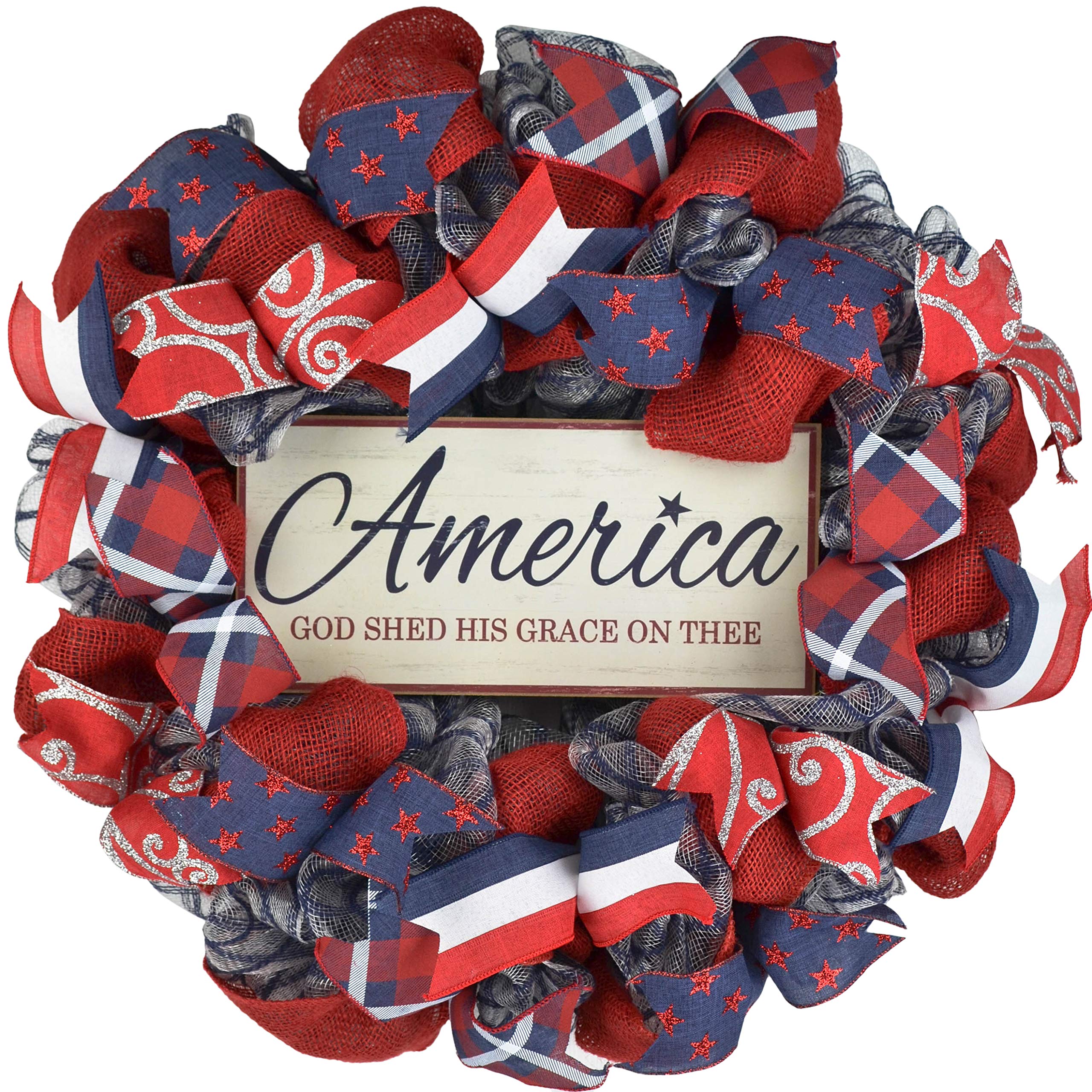 4th of July Independence Day Mesh Door Wreath - Patriotic Red White Blue Decor - God Bless America Wreath for Front Door - Perfect for Independence Day, Memorial Day & Patriotic Home Decor