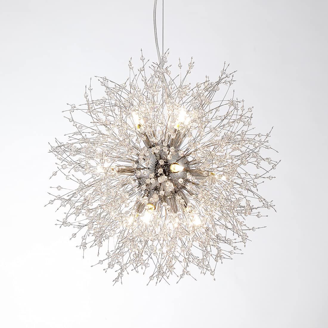Modern Dandelion Chandelier - Chrome Firework Hanging Lamp with Sputnik Crystal Pendants - 16-Light Fixture for Kitchen Island, Dining Room & Living Room (25.59
