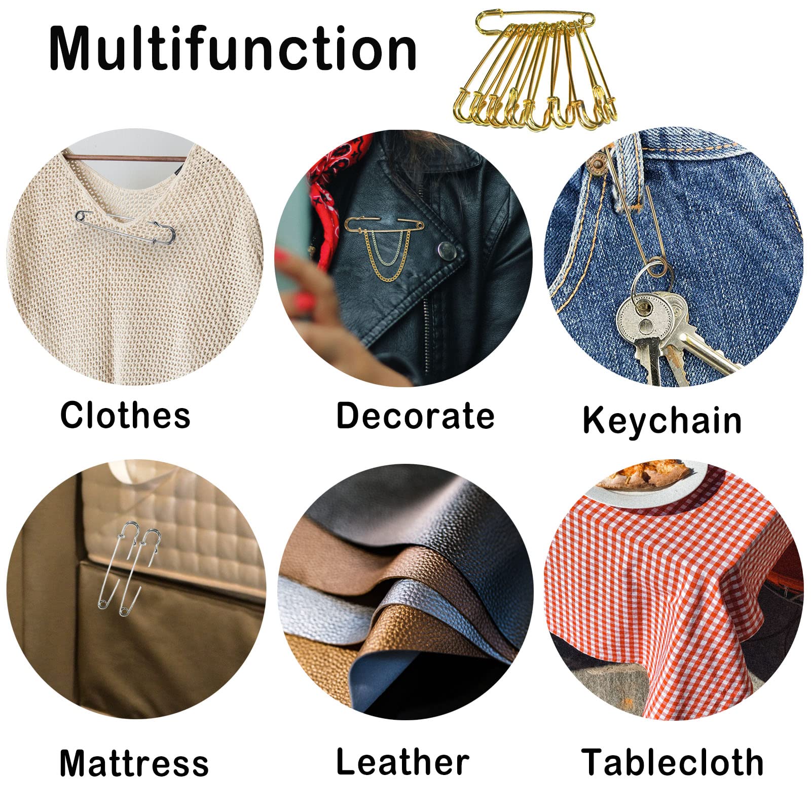 Large Heavy Duty Safety Pins for Clothes, Blankets, Leather & Crafts - 12 Pack Assorted Gold 100mm (4'') Safety Pins - Perfect for Sewing, DIY Projects, Kilts & Shawls