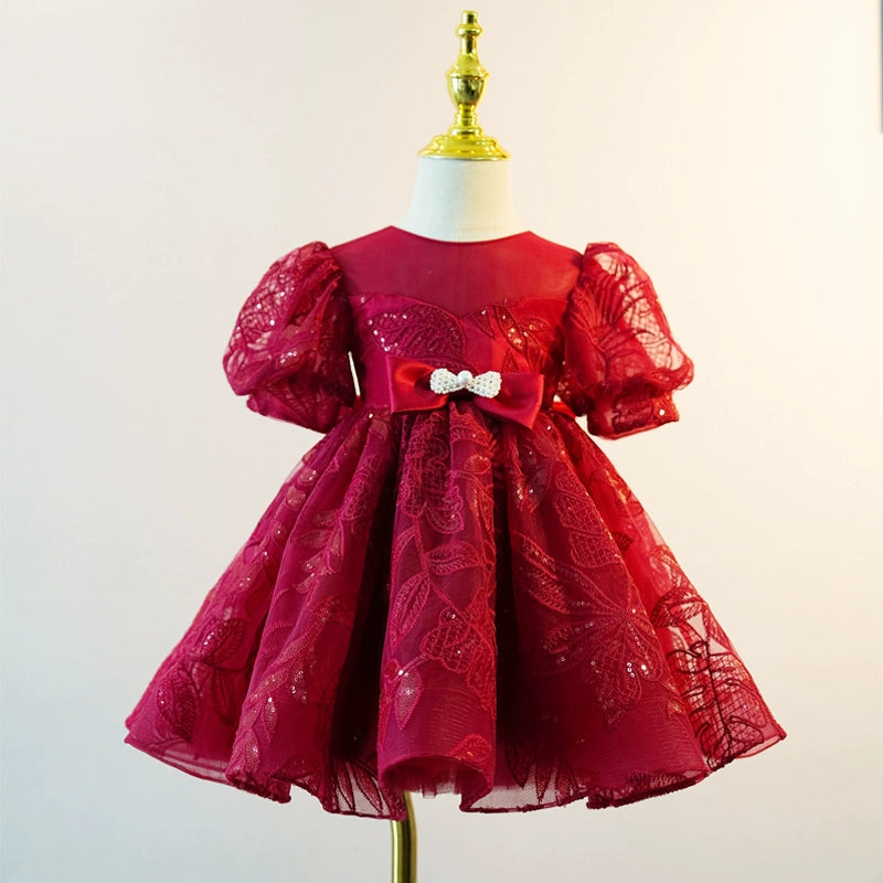 Burgundy Princess Round Tea Length Lace Flower Girl Dress for Weddings, Bridal Parties & Special Occasions