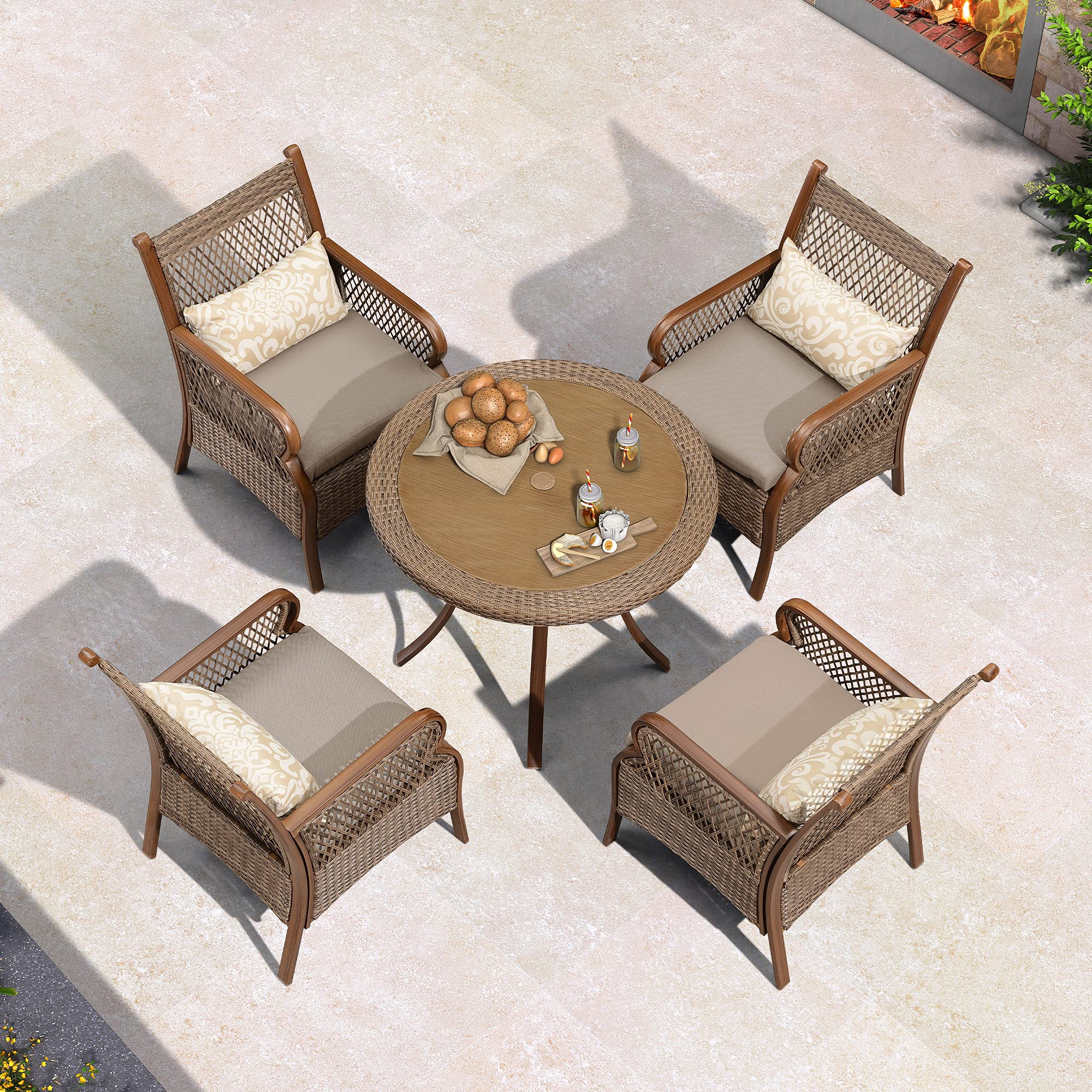 PURPLE LEAF 4-Piece Outdoor Patio Dining Set - Wicker Furniture with Aluminum Frame, Round Table & Metal Chairs (Includes Cushions & Lumbar Pillows) - Perfect for Backyard, Garden, Poolside & Outdoor Entertaining