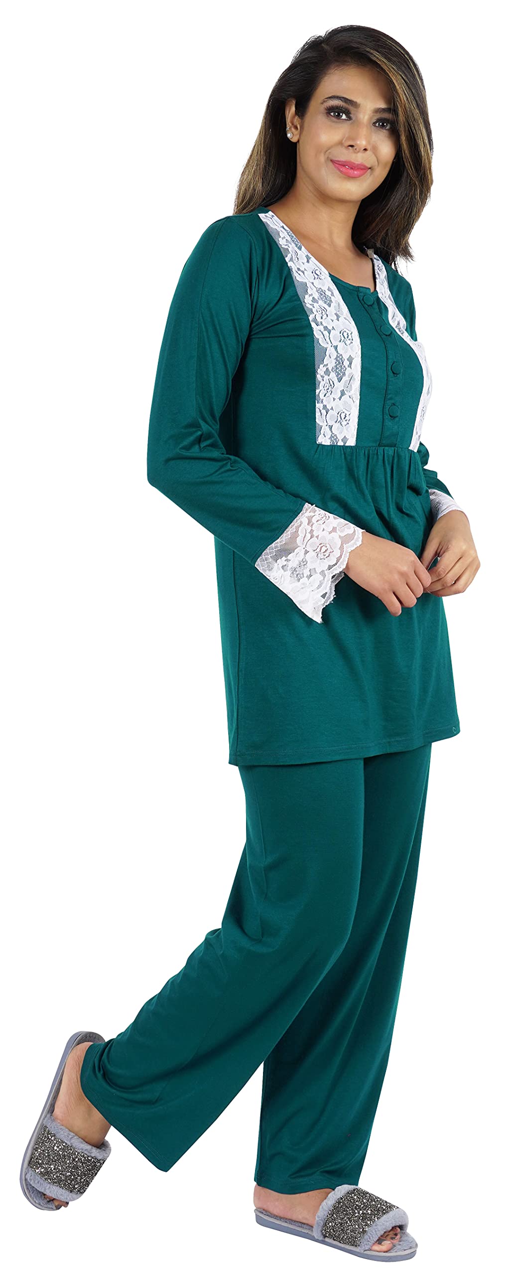 Bimba Women's 2-Piece Solid Nightwear Set - Lace Top & Pajama Pants for Comfortable Sleepwear & Lounge Wear at Home