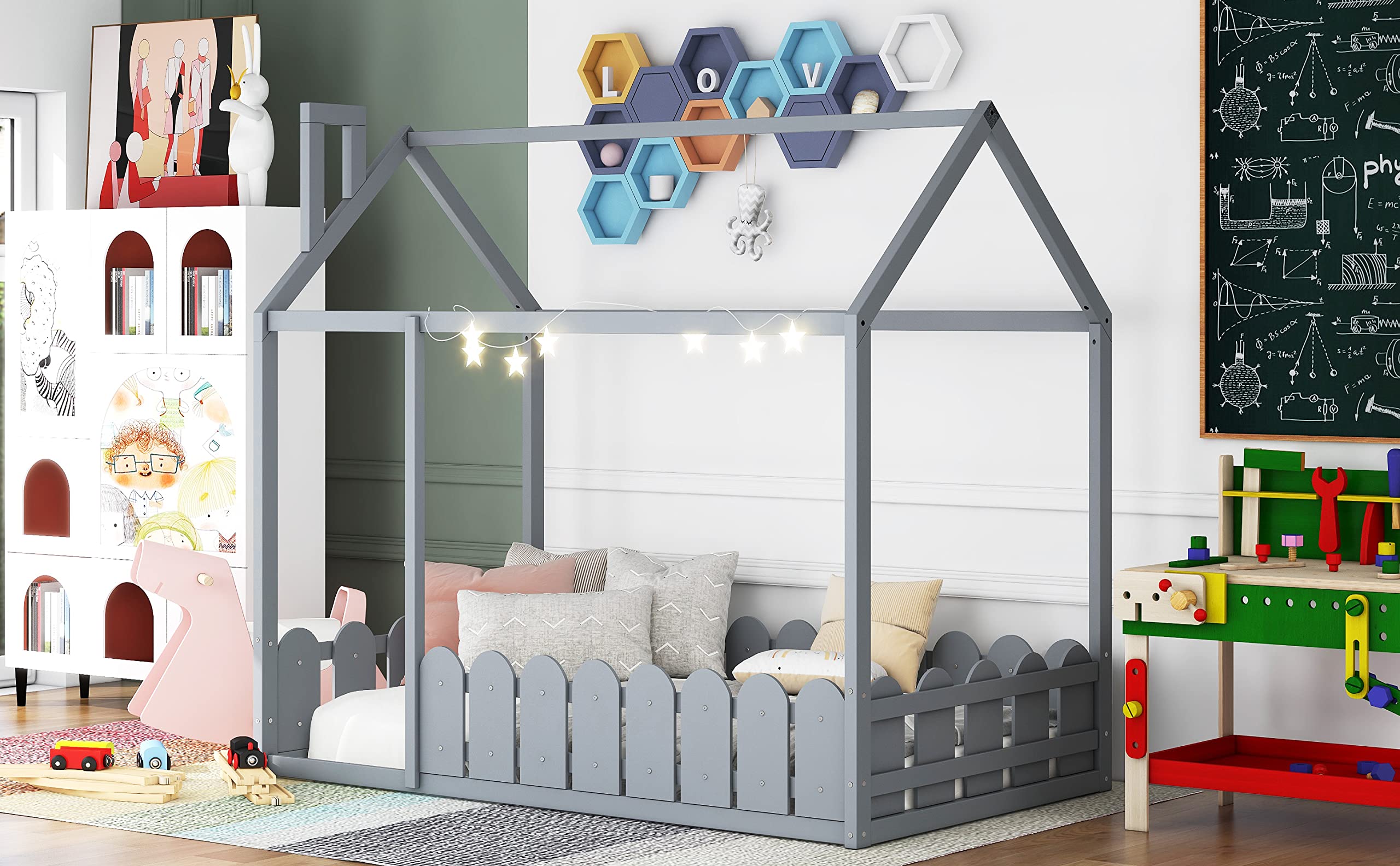 AOCOROE Twin Size Wooden House Bed Frame for Kids - Playhouse Design with Canopy, Roof & Fence - Low Profile Platform Bed for Boys and Girls - Perfect for Bedroom, Playroom & Kids' Sleepover (Grey)