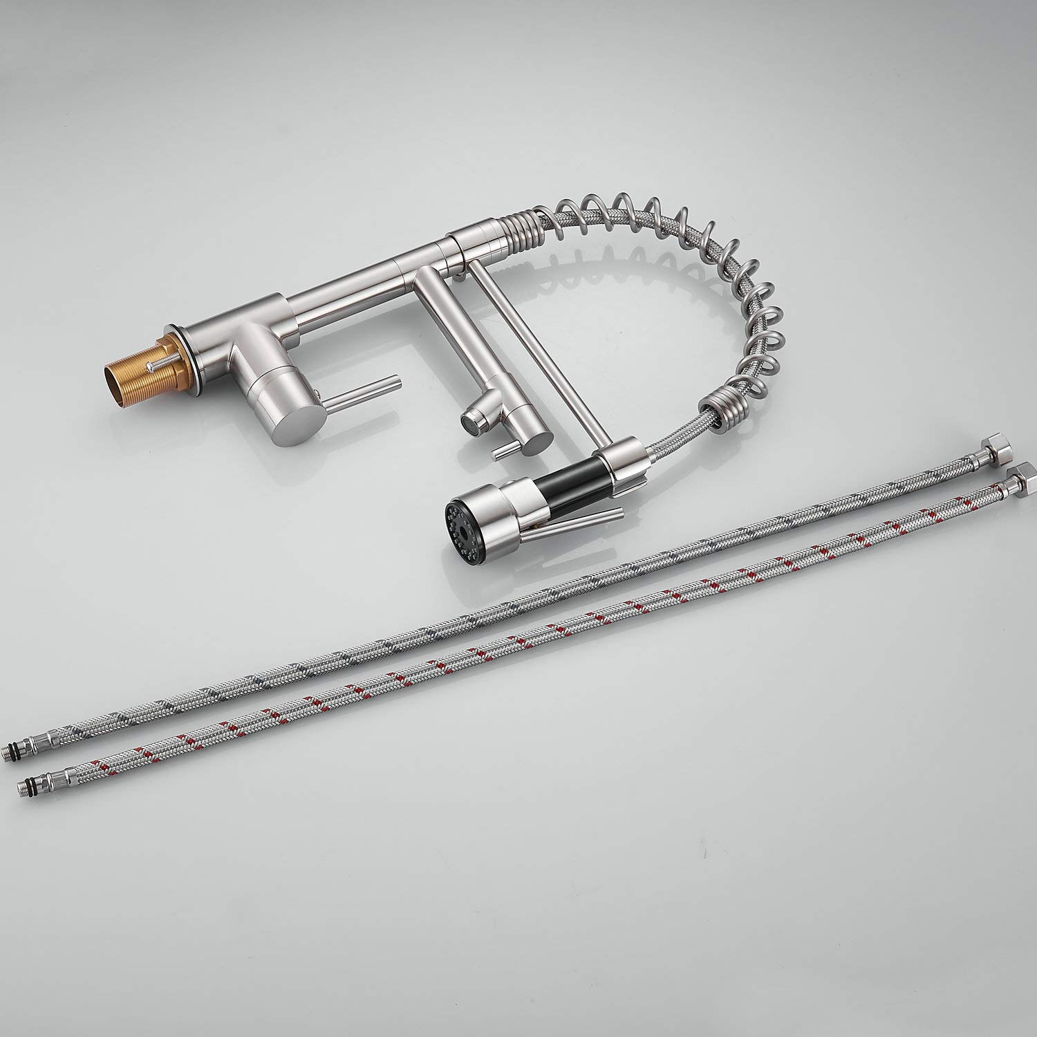 Commercial Single Handle Spring Kitchen Sink Faucet with Pull Down Sprayer - Brushed Nickel Finish (Deck Plate Included) - Ideal for Restaurant, Home Kitchen & Commercial Use