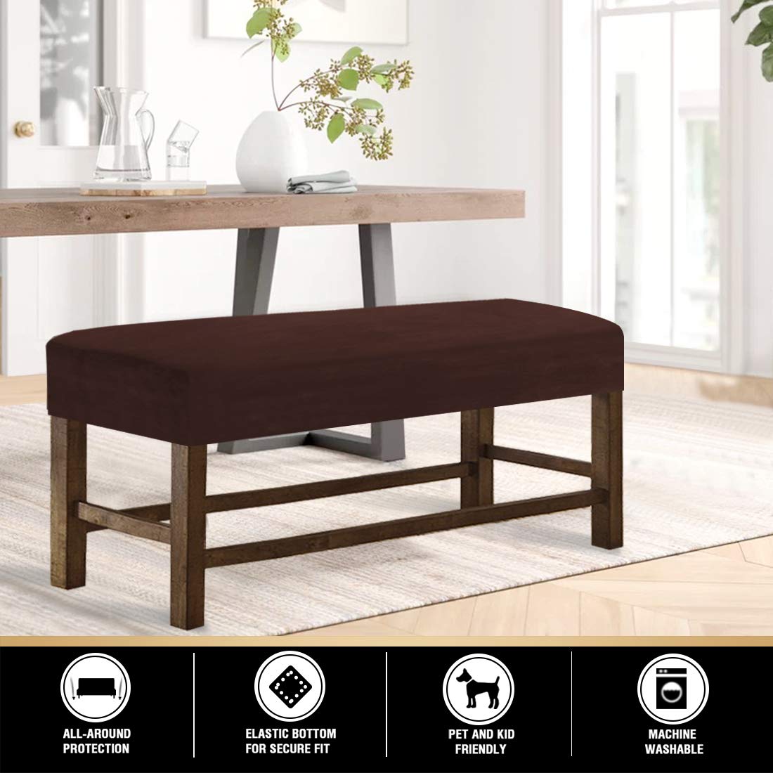 MIFXIN Velvet Stretch Dining Room Bench Cover - Soft Removable Washable Upholstery Slipcover for Bed, Sofa & Furniture Protector - Spandex Fabric Fits Living Room, Bedroom, Kitchen (Large, Brown) - Perfect for Home Decor, Guest Seating & Dining Area Comfort
