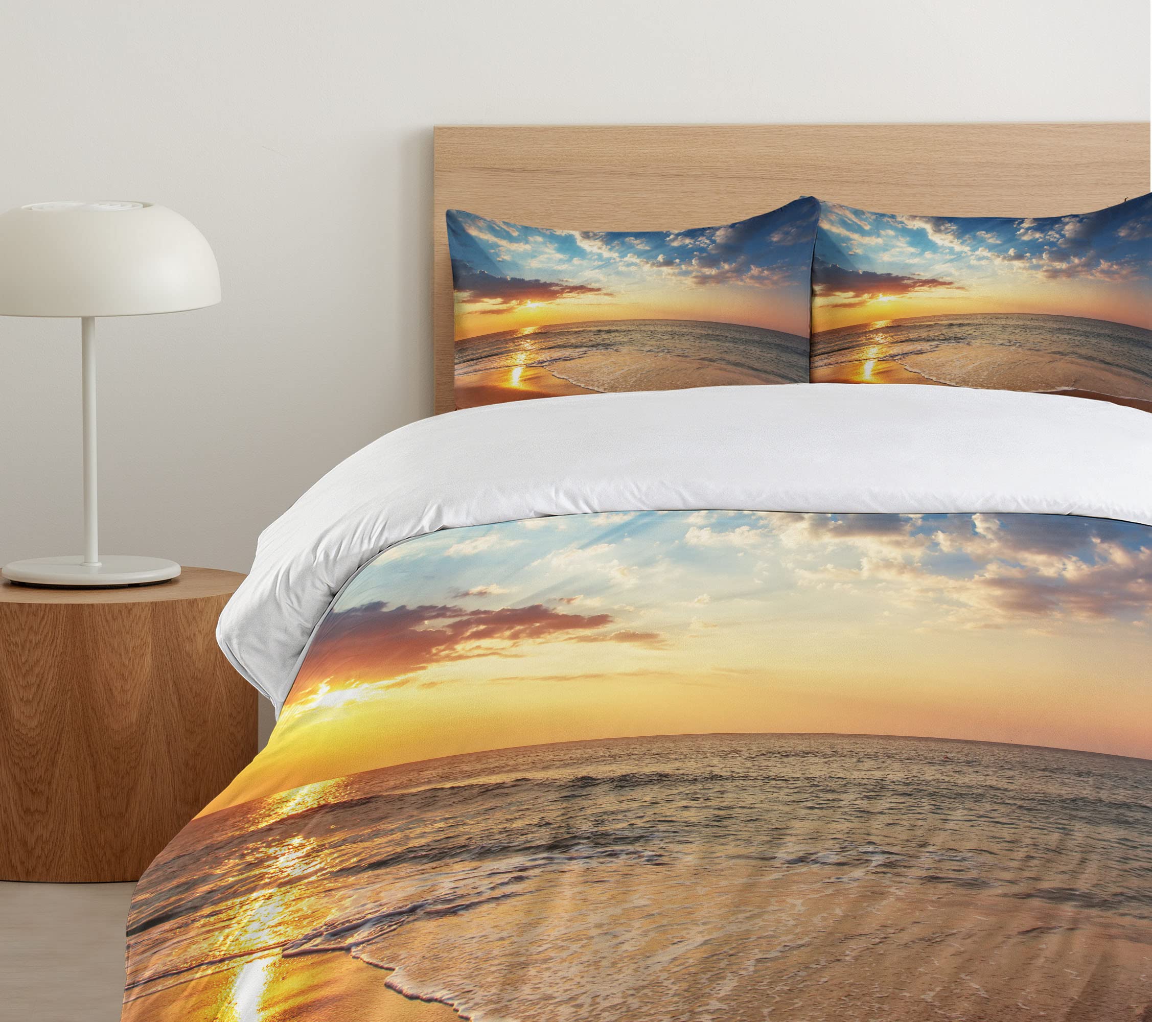 Ambesonne Ocean Duvet Cover Set - California King 3 Piece Bedding with 2 Pillow Shams, Blue Yellow Brown Cloudscape Design for Coastal & Beach Themed Bedrooms | Perfect for Honeymoon Travel Inspired Decor, Sunrise Panoramic Home Decor