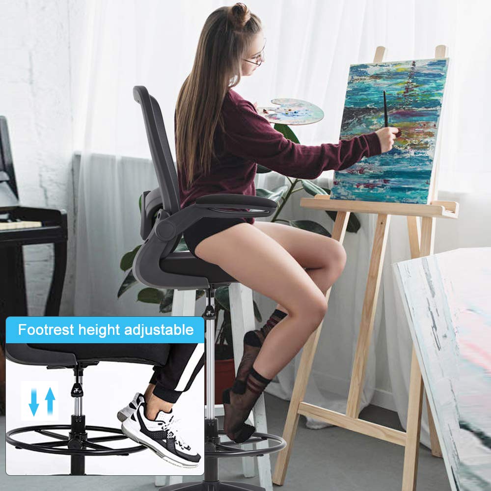 Ergonomic Drafting Chair with Lumbar Support - Adjustable Height Mesh Office Chair with Foot Ring & Swivel Base - Comfortable Computer Desk Chair for Standing Workstations, Home Office & Studio Use
