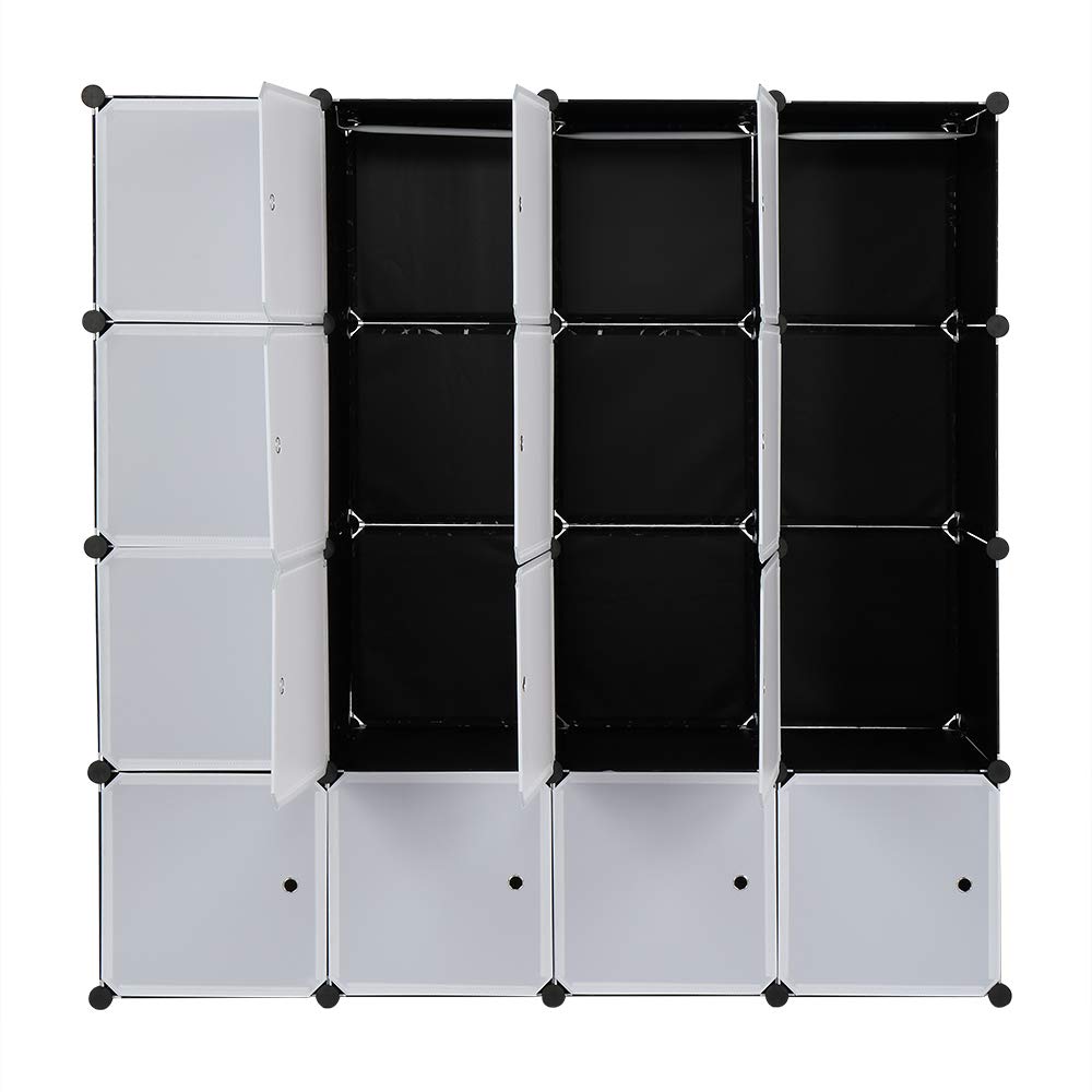 Portable Modular Wardrobe Closet with Hanging Section - 16-Cube Plastic Storage Cabinet with Doors, DIY Clothes Organizer & Bookshelf Combination - Perfect for Bedroom & Living Room Organization (Black)