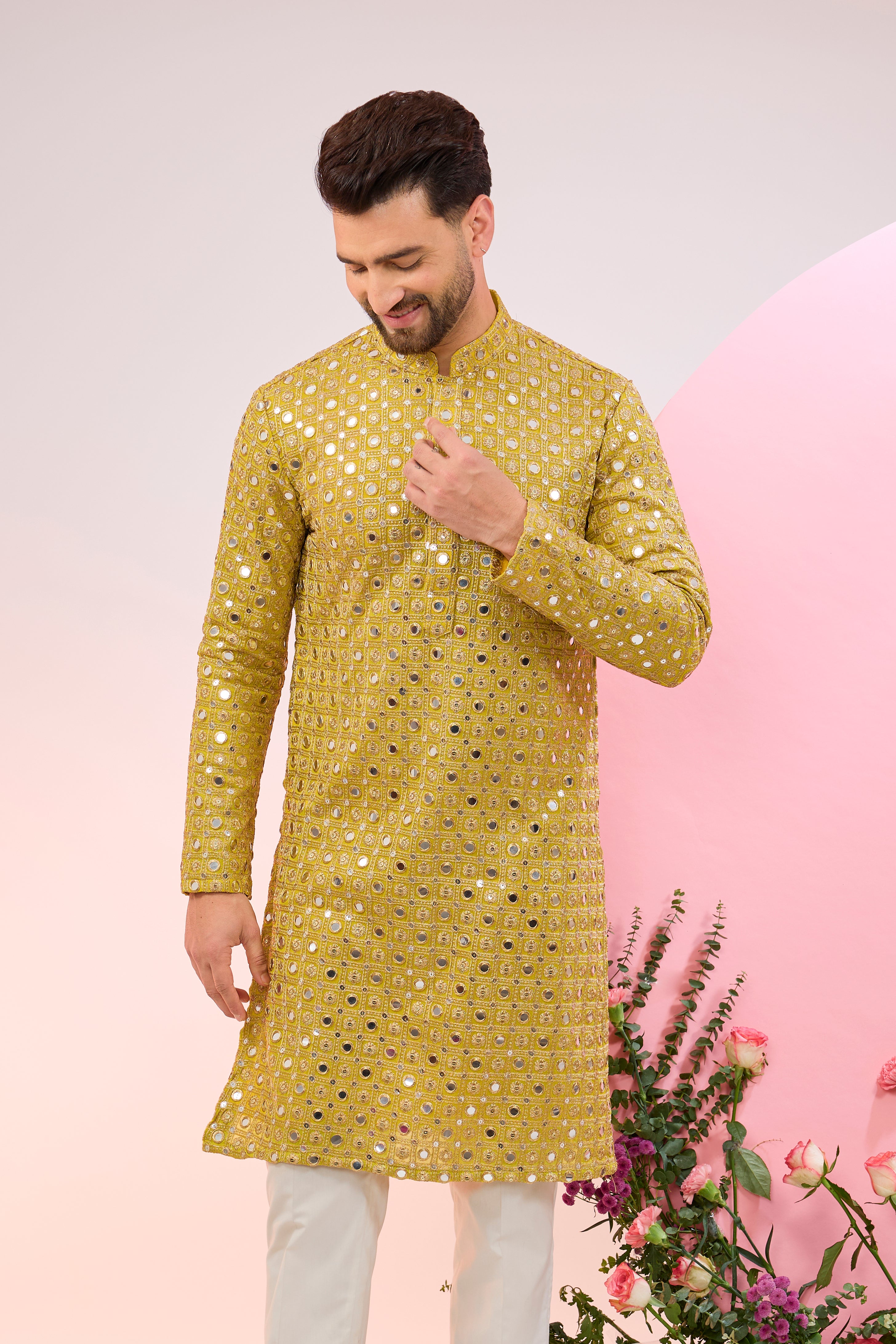 Stylish Neon Yellow Mirror Work Kurta with Intricate Zari Embroidery - Perfect for Festivals, Weddings & Ethnic Parties