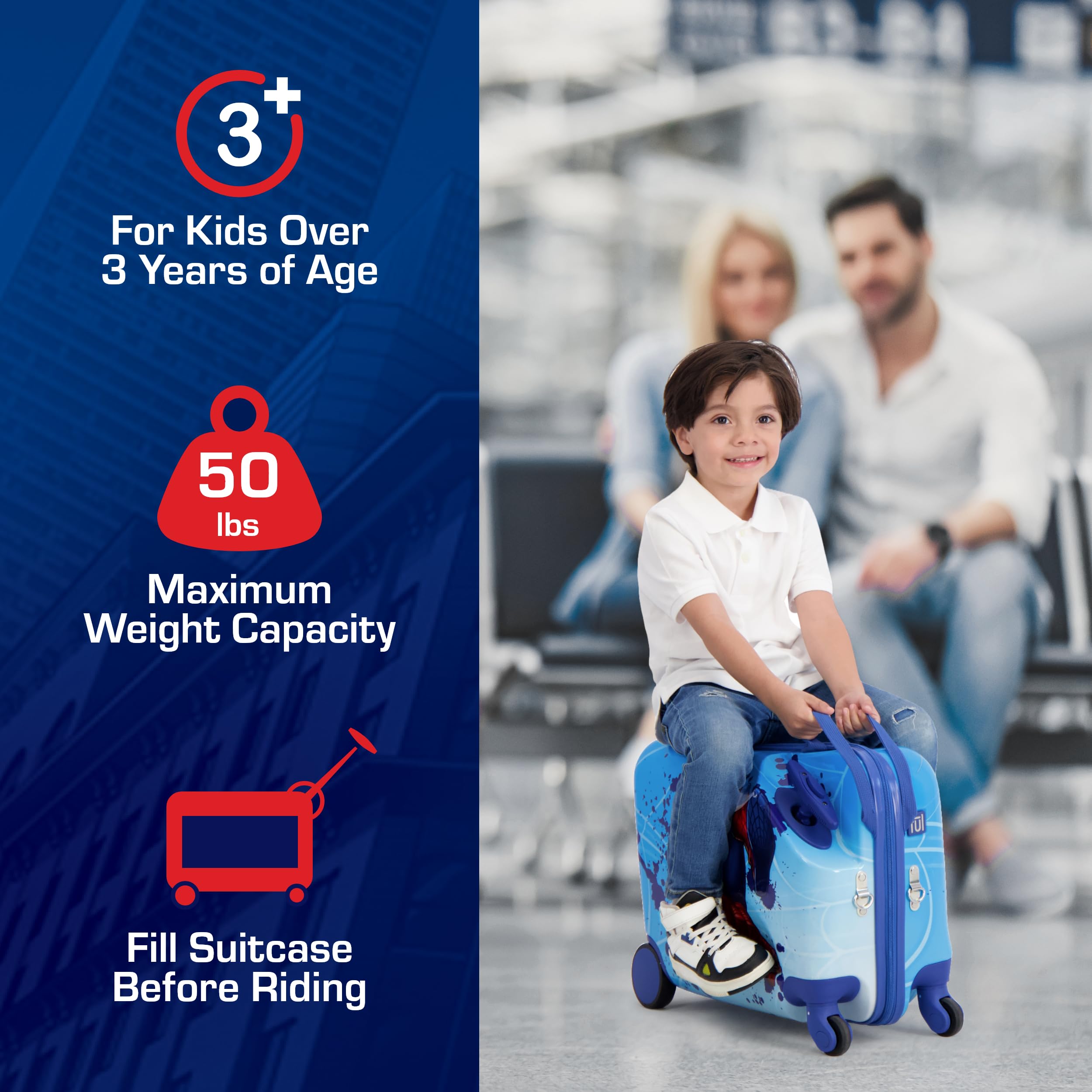 Spider-Man Kids Ride-On Suitcase - 19 Inch Light Blue Hardshell Rolling Luggage with Wheels | Unisex Carry-On Travel Trolley for Airplane & Family Vacations
