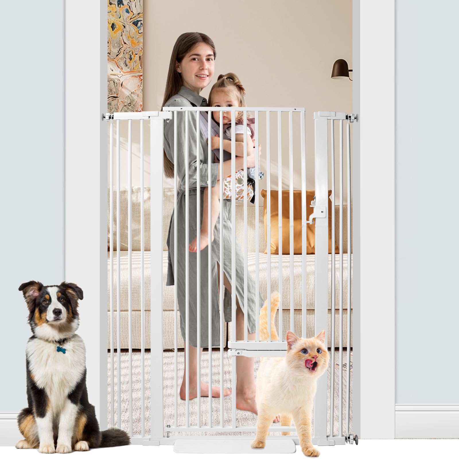 55 Inch Extra Tall Pet Gate with Small Cat Door - Adjustable 29.55