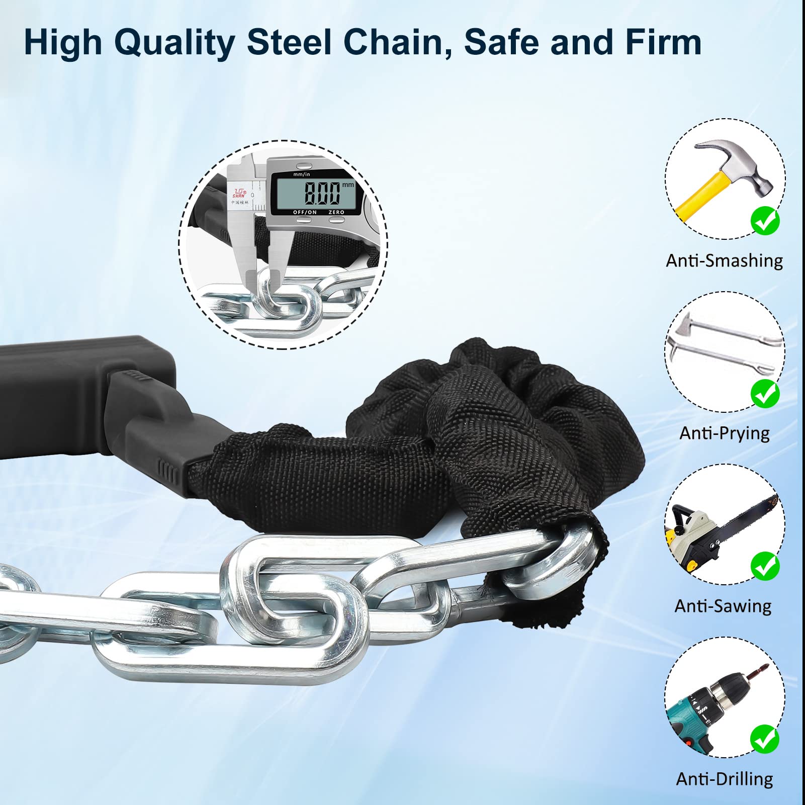 FIROS 5FT Heavy Duty Bike Chain Lock - 8mm Thick Hardened Steel Anti-Theft Bicycle Lock with Key for Mountain, City & Electric Bikes - Perfect for Commuting, Parking & Outdoor Cycling Security