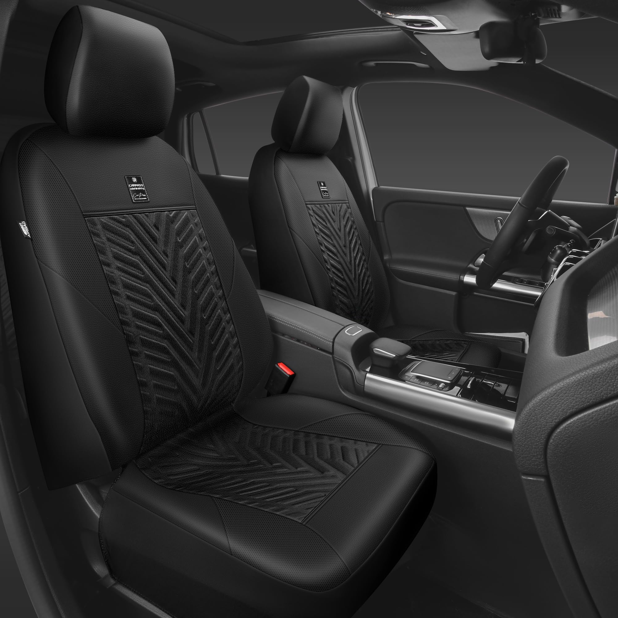 Premium CAR PASS Deluxe Faux Leather Car Seat Covers - Universal Fit for SUV & Truck (2 Front Seats) | 3D Tire Embossed Waterproof Design | Airbag Compatible & Durable | Perfect for Commuting, Road Trips & Daily Driving (Black)
