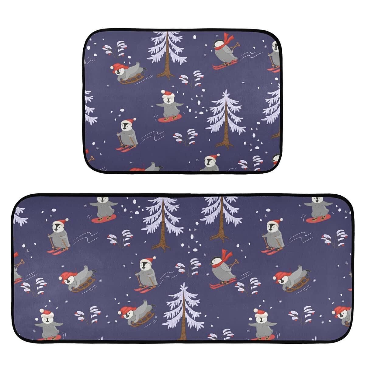 Cute Penguins Non-Slip Kitchen Rugs Set of 2 - Washable Christmas Skiers Design Runner Mats for Kitchen Floor, Home Sink, Laundry & Office - Perfect for Holiday Decor & Winter Home Safety
