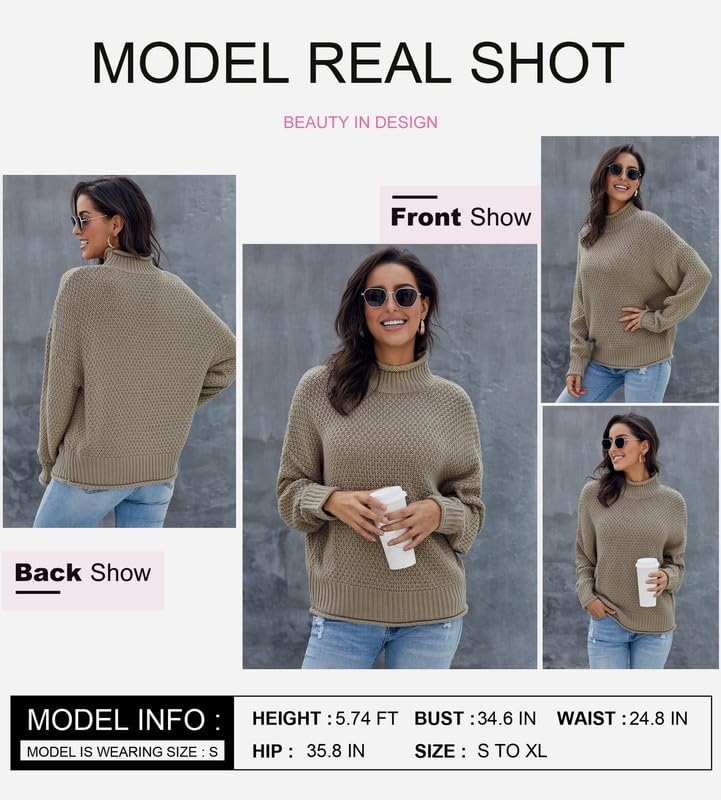 Dokotoo Women's 2024 Winter Fall Solid Color Turtleneck High Neck Balloon Sleeve Long Sleeve Sweater Pullover - Cozy Casual Outerwear for Office, Dating & Holiday Outfits