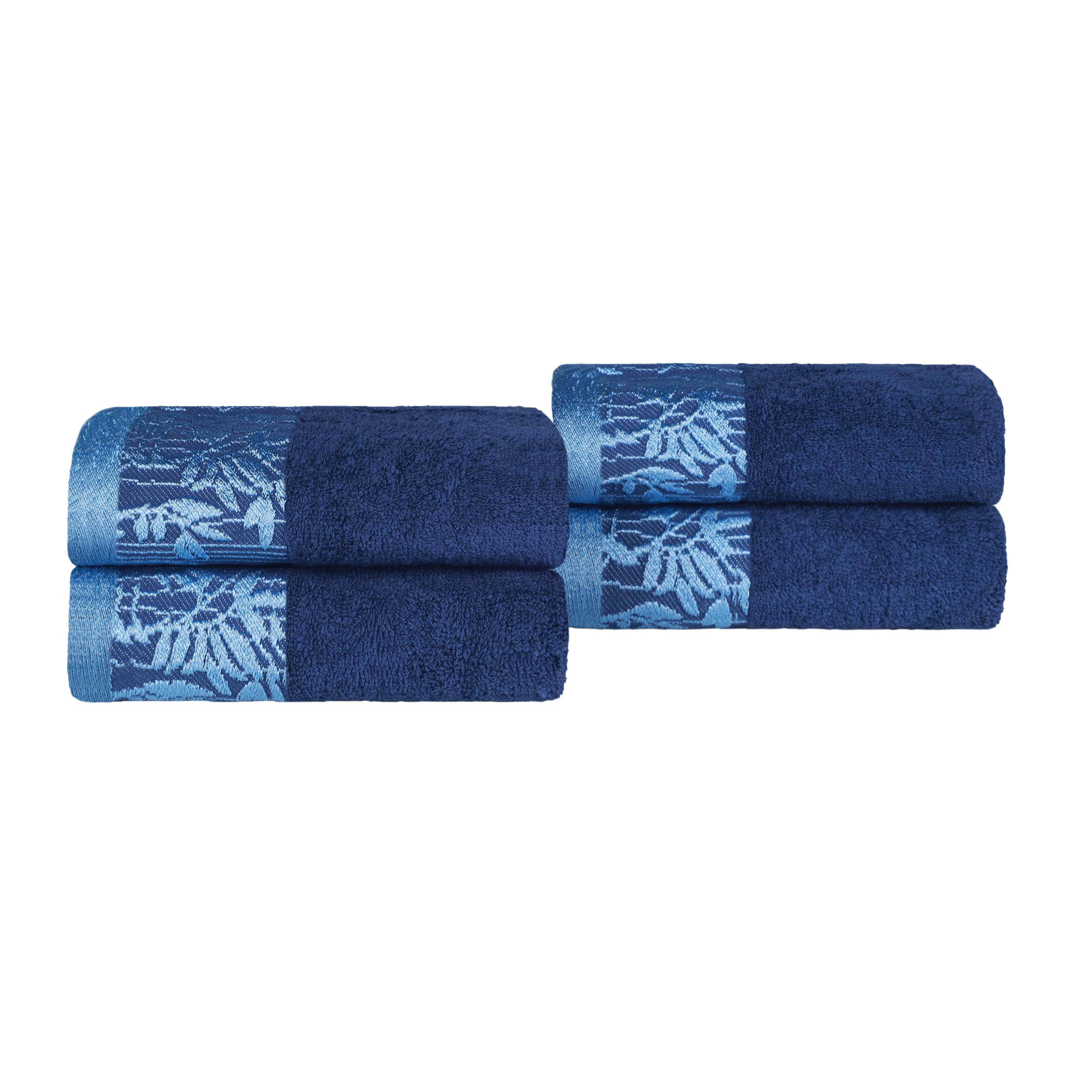 Premium Wisteria Cotton Floral Embroidered Jacquard Border Hand Towels - Set of 4 for Bathroom, Kitchen & Guest Room Decor | Soft & Absorbent Luxury Towel Set