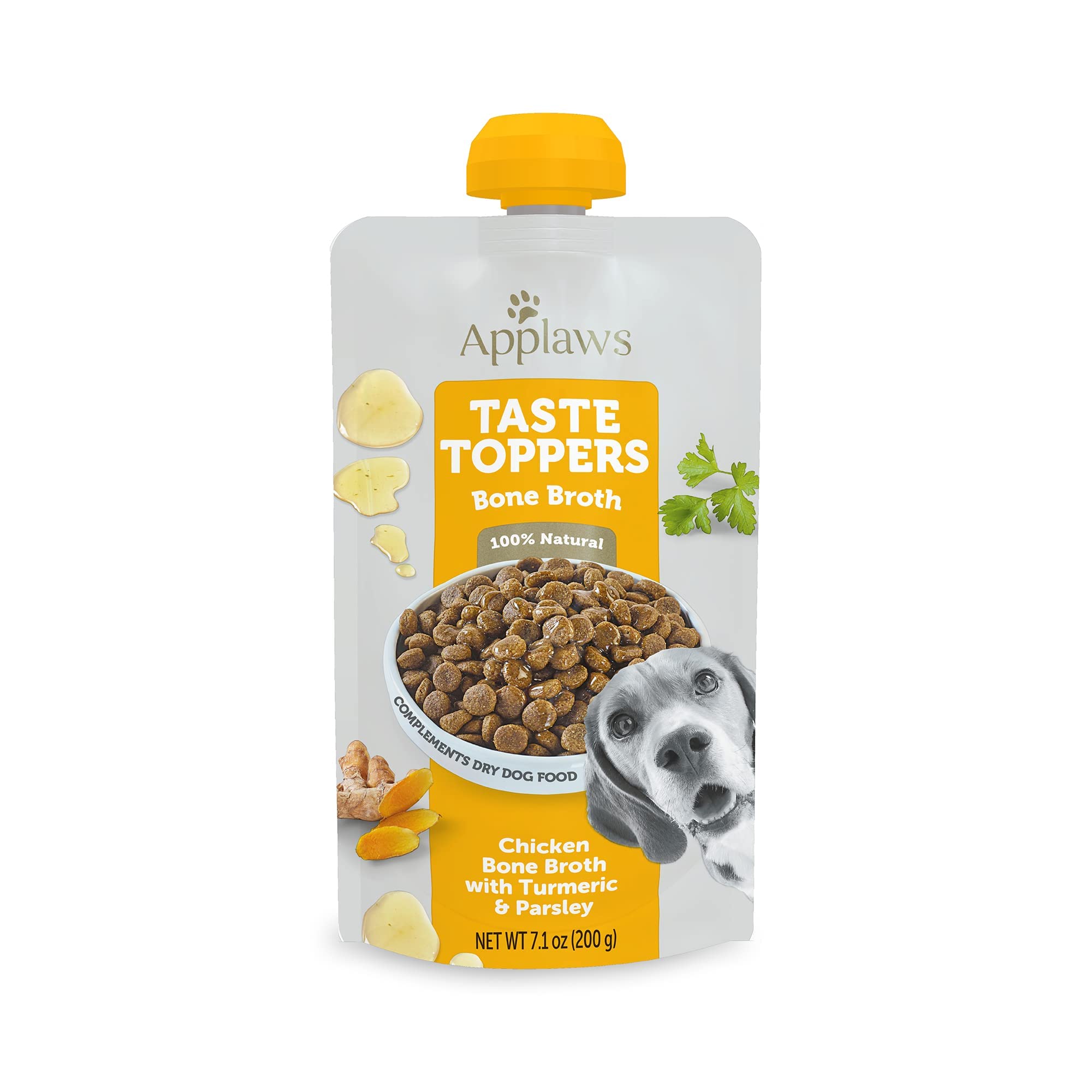 **Applaws Natural Dog Food Topper - Chicken Bone Broth with Turmeric & Parsley, Grain-Free & Limited Ingredient, 6 Pack (7.10 fl oz Pouches) - Perfect for Picky Eaters & Digestive Health**    *(Use Case: Enhances dry kibble, soothes upset stomachs, and adds flavor for fussy dogs!)*