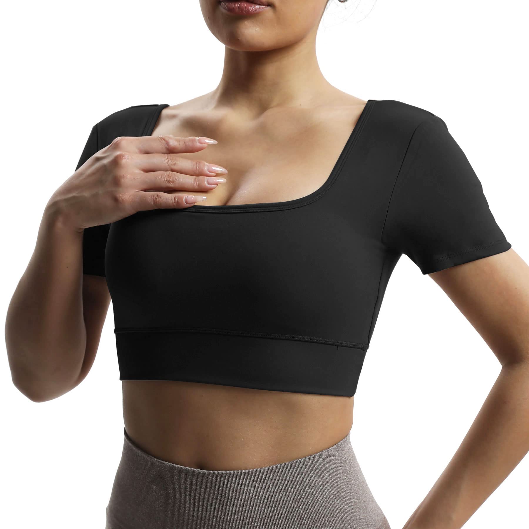 Aoxjox Women's Short Sleeve Crop Top - Square Neck V-Back Workout Shirt for Yoga, Running & Gym | Trendy Longline Cropped T-Shirt for Summer & Casual Wear