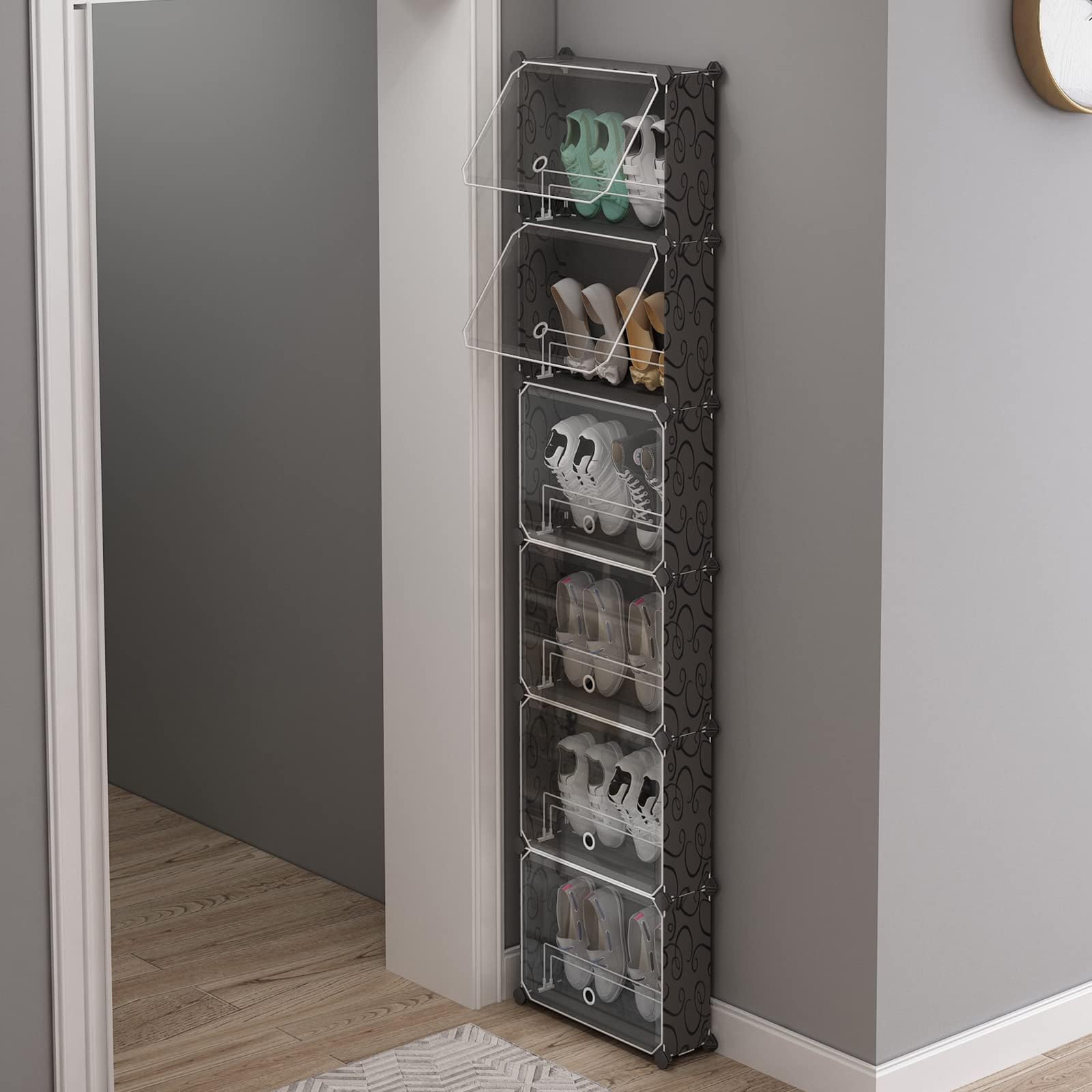MAGINELS 6-Tier Shoe Rack Organizer with Cover - Slim Space-Saving Shoe Storage Cabinet for Closet, Entryway, Behind Door - Black | Perfect for Small Spaces, Apartments & Dorm Rooms