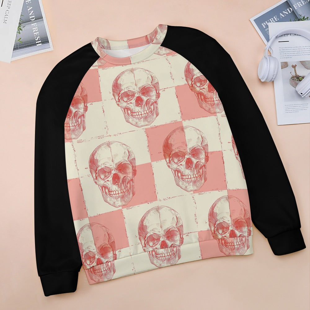 Stylish Peach Skulls Raglan Round Neck Sweater for Women - Trendy Casual Pullover for Fall & Winter - Perfect for Streetwear, Layering, and Everyday Fashion