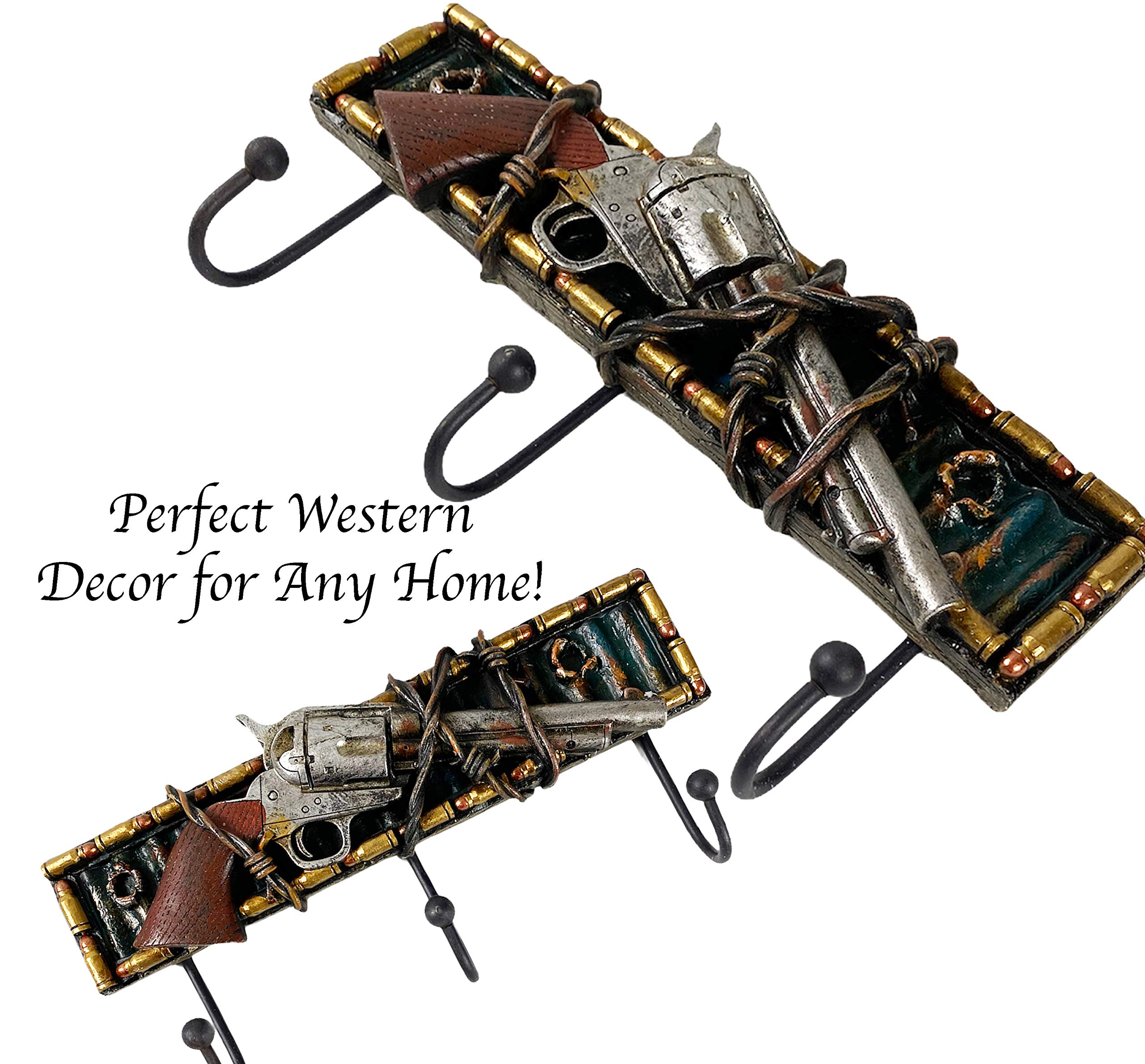 Western Rustic Barbwire Six Shooter Pistol Wall Hooks - Decorative Coat & Key Holder for Hats, Coats, Towels - Perfect for Mudroom, Entryway & Western Themed Home Decor