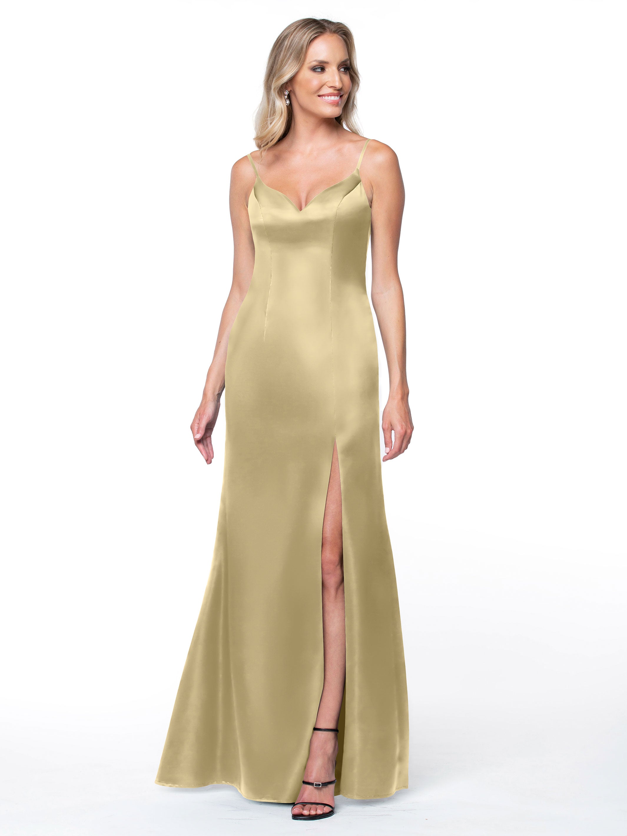 Elegant 80132 Fit and Flare Satin Bridesmaid Dress with High Slit - Perfect for Weddings, Prom, and Formal Events