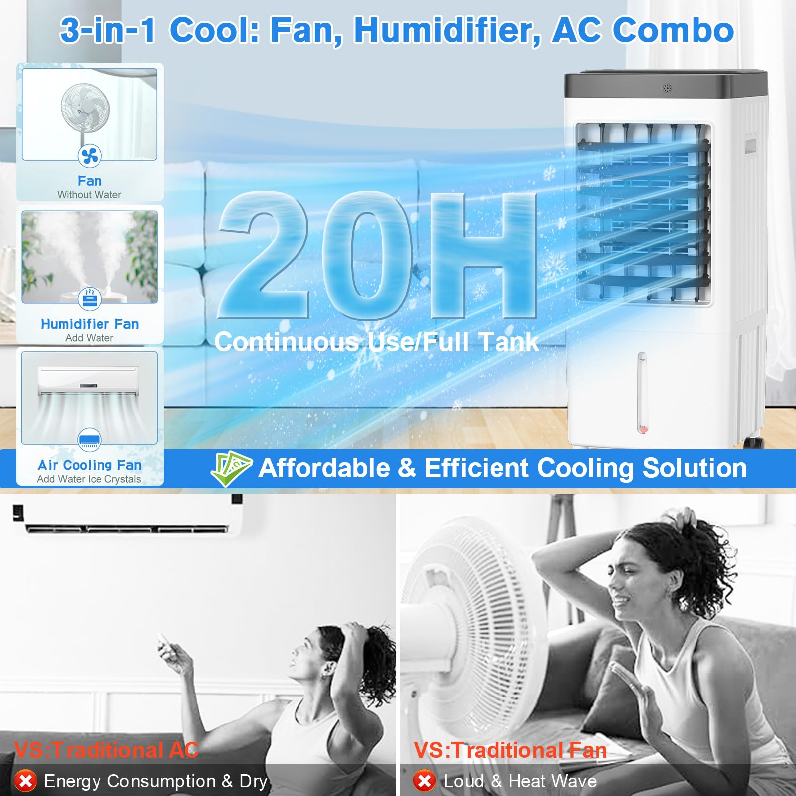 Portable Air Conditioner with 3.2 Gallon Tank - 20H Cooling, 6 Ice Packs, Timer & 3 Speed Settings - 70° Oscillating Swamp Cooler for Bedroom, Kitchen, Garage, Office & Outdoor Use