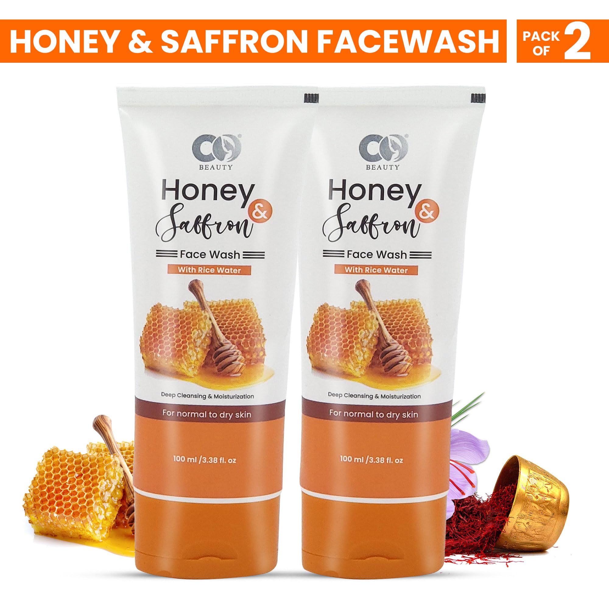 CO BEAUTY Saffron Honey Face Wash with Rice Water - Natural Daily Facial Cleanser for Glowing Skin | Brightening & Nourishing Formula with Glycerin | 200ml (Pack of 2) | Perfect for Morning & Night Skincare Routine
