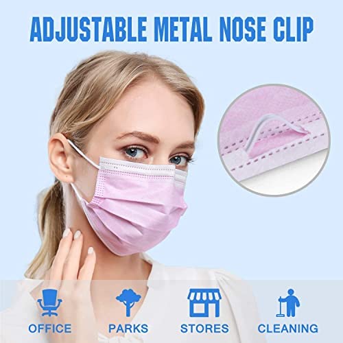 Wisezag Black Pink Disposable Face Masks 3-Ply with Nose Clip - 100 Pack | Breathable Surgical Masks for Women & Men | Perfect for Daily Use, Travel, and Public Safety Protection