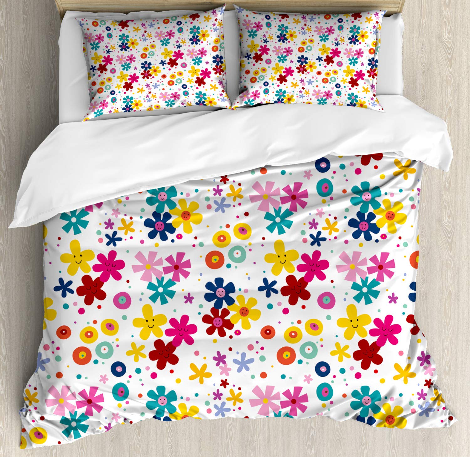 Ambesonne Floral Duvet Cover Set King Size - Colorful Abstract Floral Design with Smiling Faces, Dots & Circles - 3 Piece Bedding Set with 2 Pillow Shams - Perfect for Bohemian & Modern Bedroom Decor