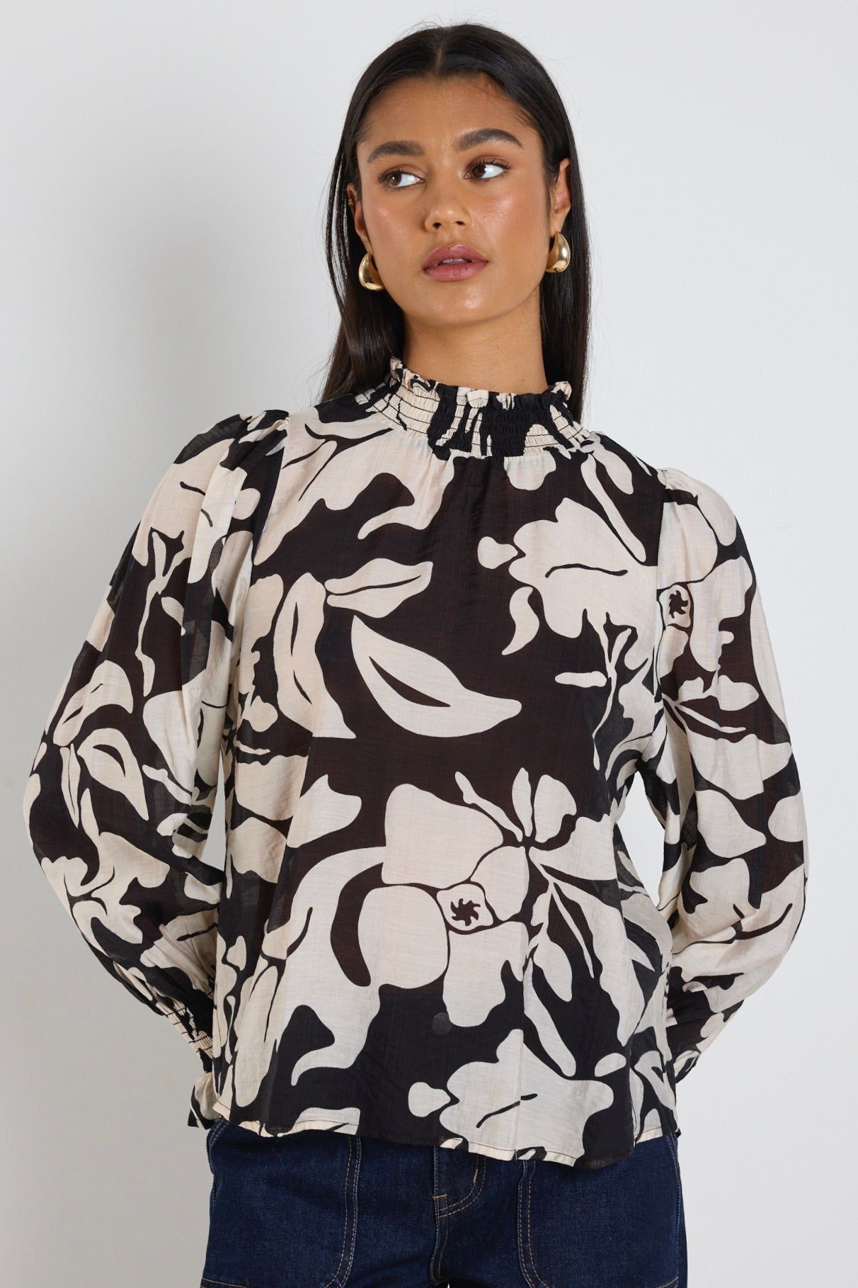Elegant Black Floral High Neck Long Sleeve Blouse for Women | Stylish Party & Office Wear | Perfect for Date Nights & Professional Events